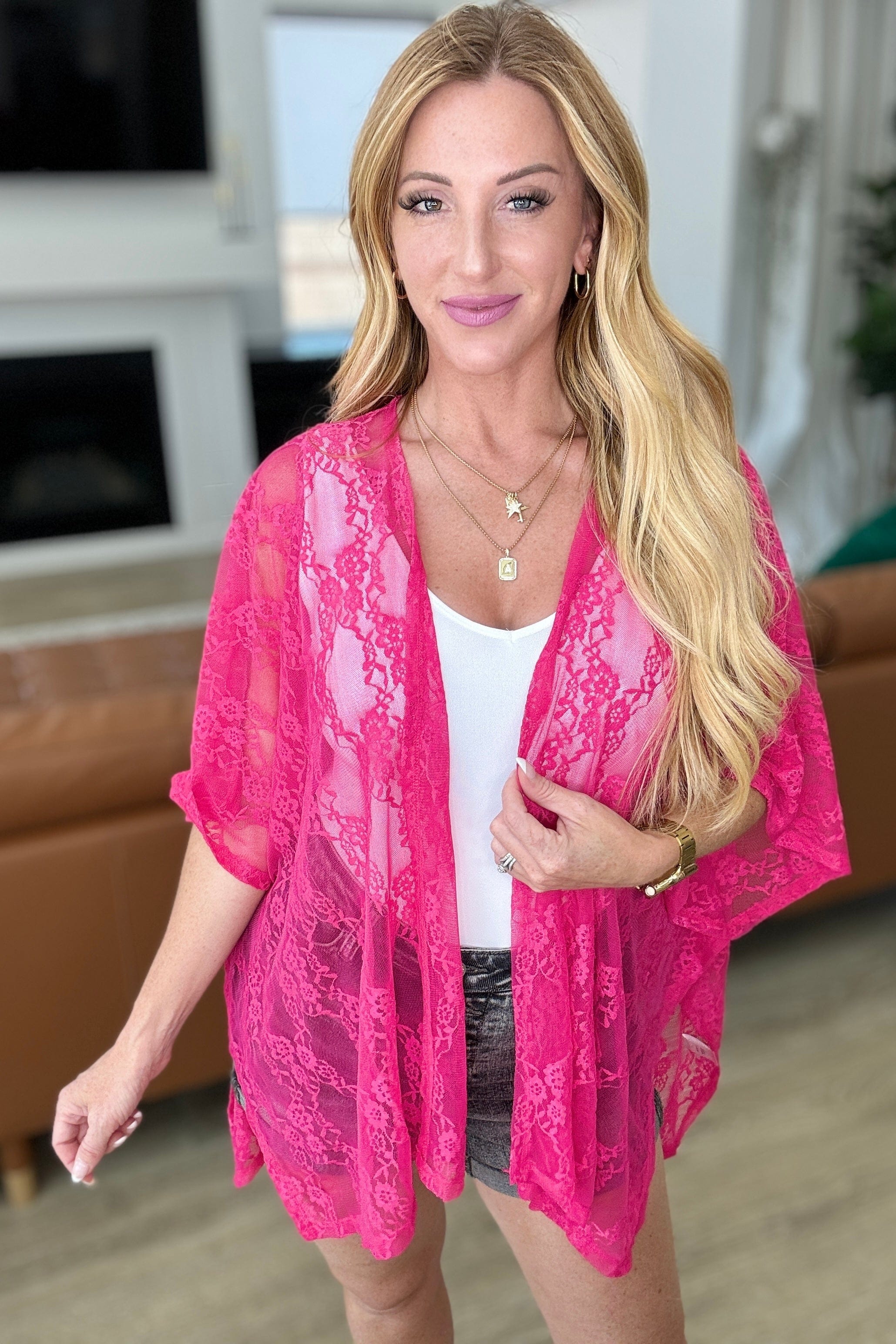 Good Days Ahead Lace Kimono In Fuchsia-Layers-Stay Foxy Boutique, Florissant, Missouri