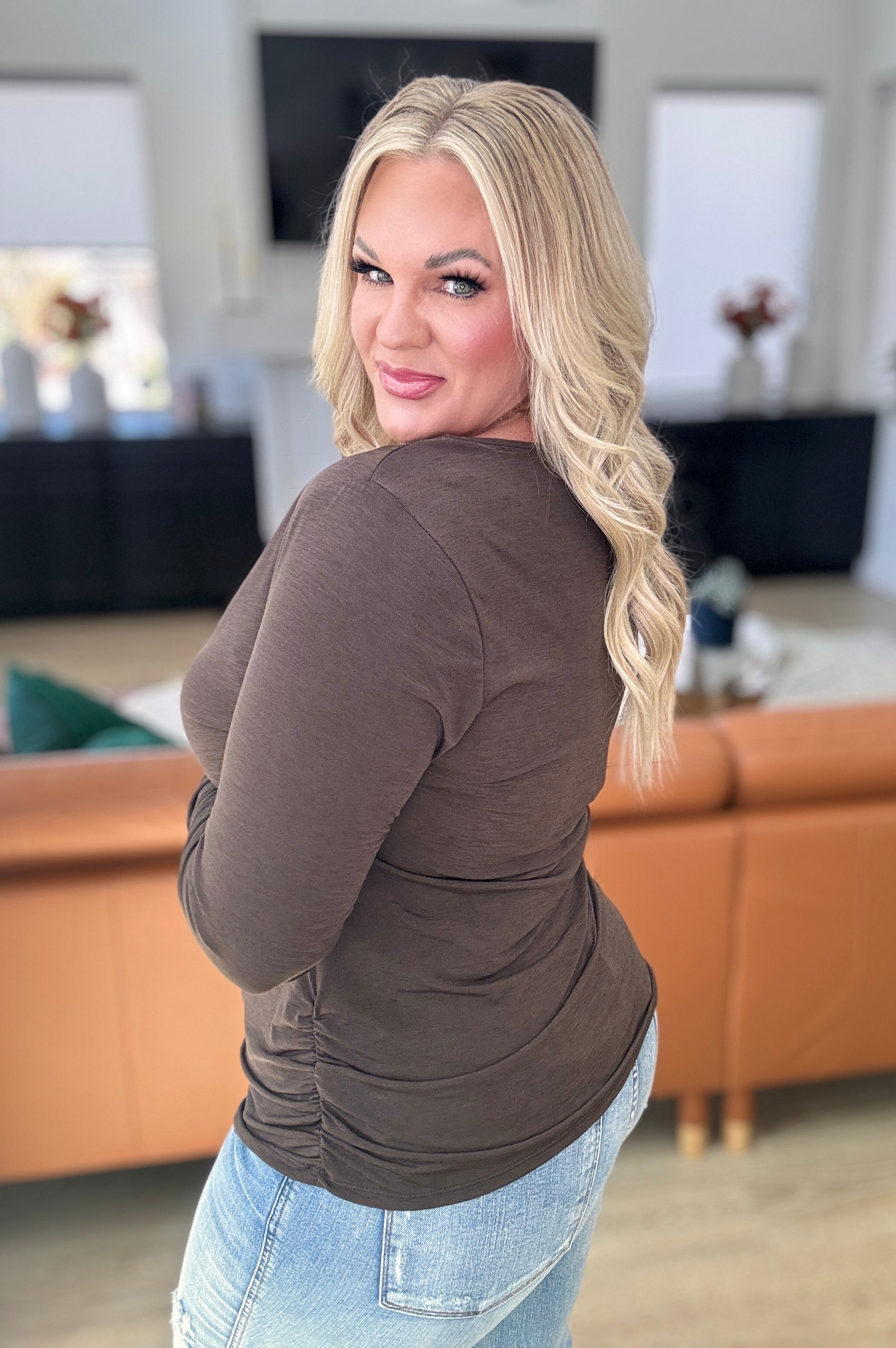 Ruched Cowl Neck Top in Chocolate-Tops-Stay Foxy Boutique, Florissant, Missouri