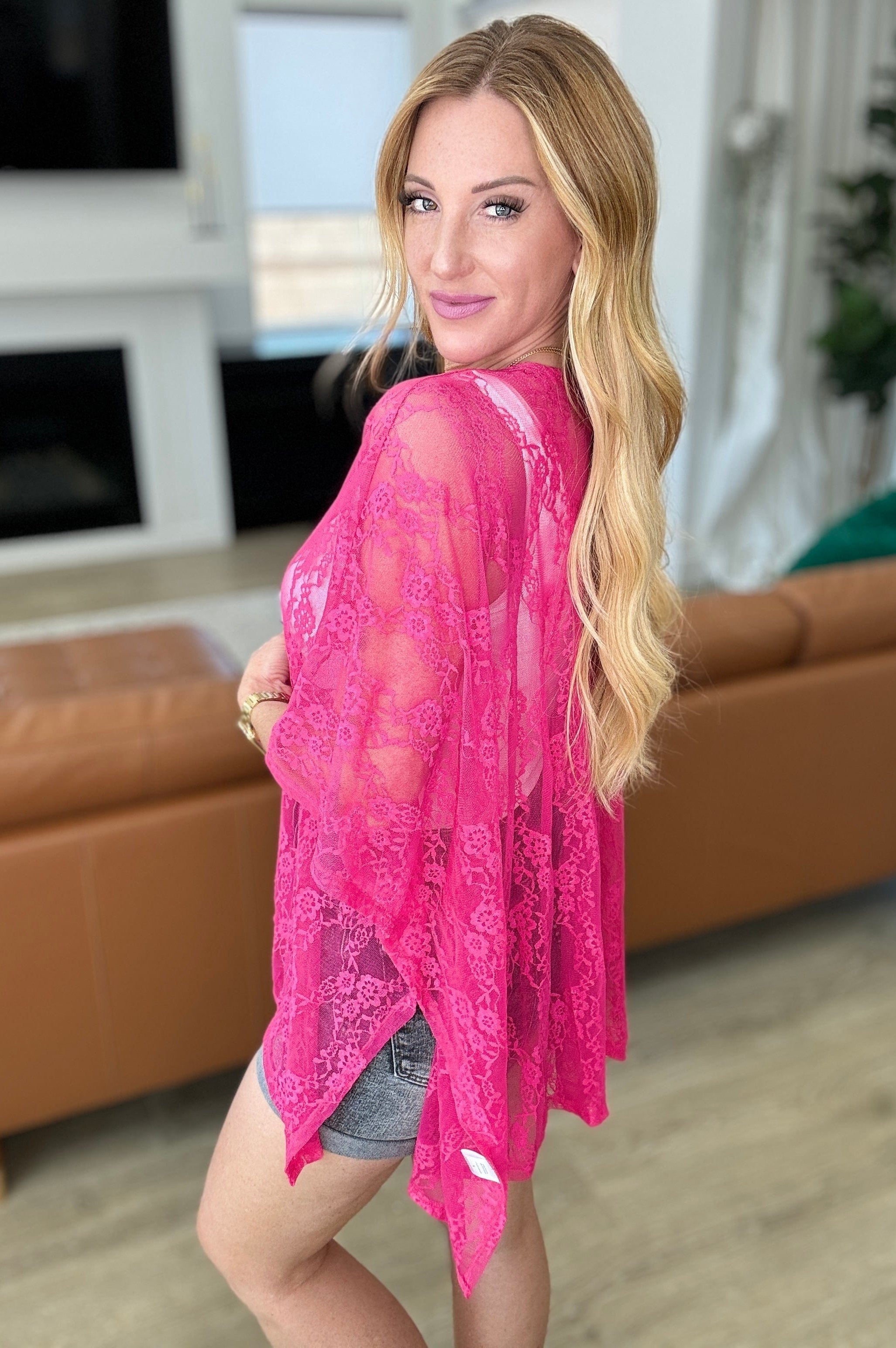 Good Days Ahead Lace Kimono In Fuchsia-Layers-Stay Foxy Boutique, Florissant, Missouri