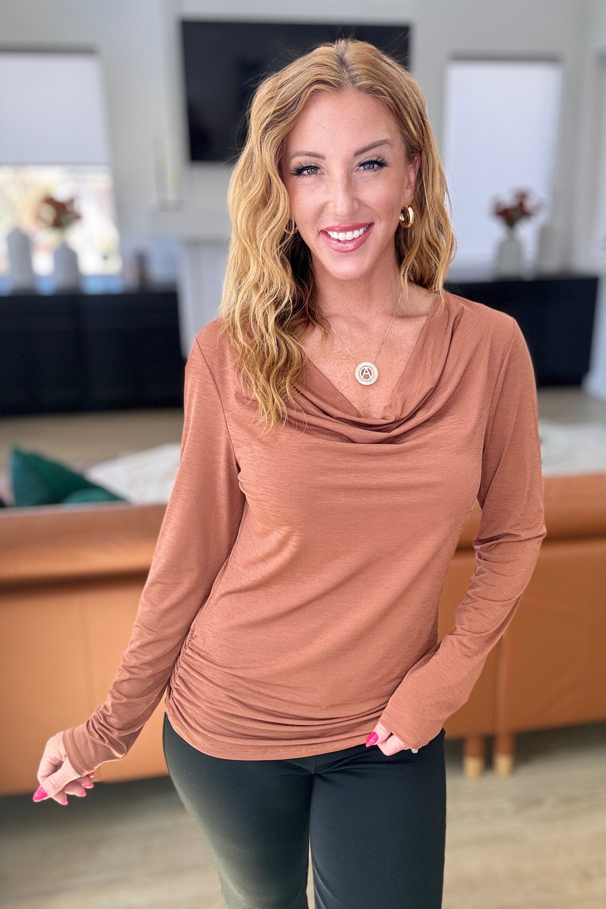 Ruched Cowl Neck Top in Rust-Womens-Stay Foxy Boutique, Florissant, Missouri