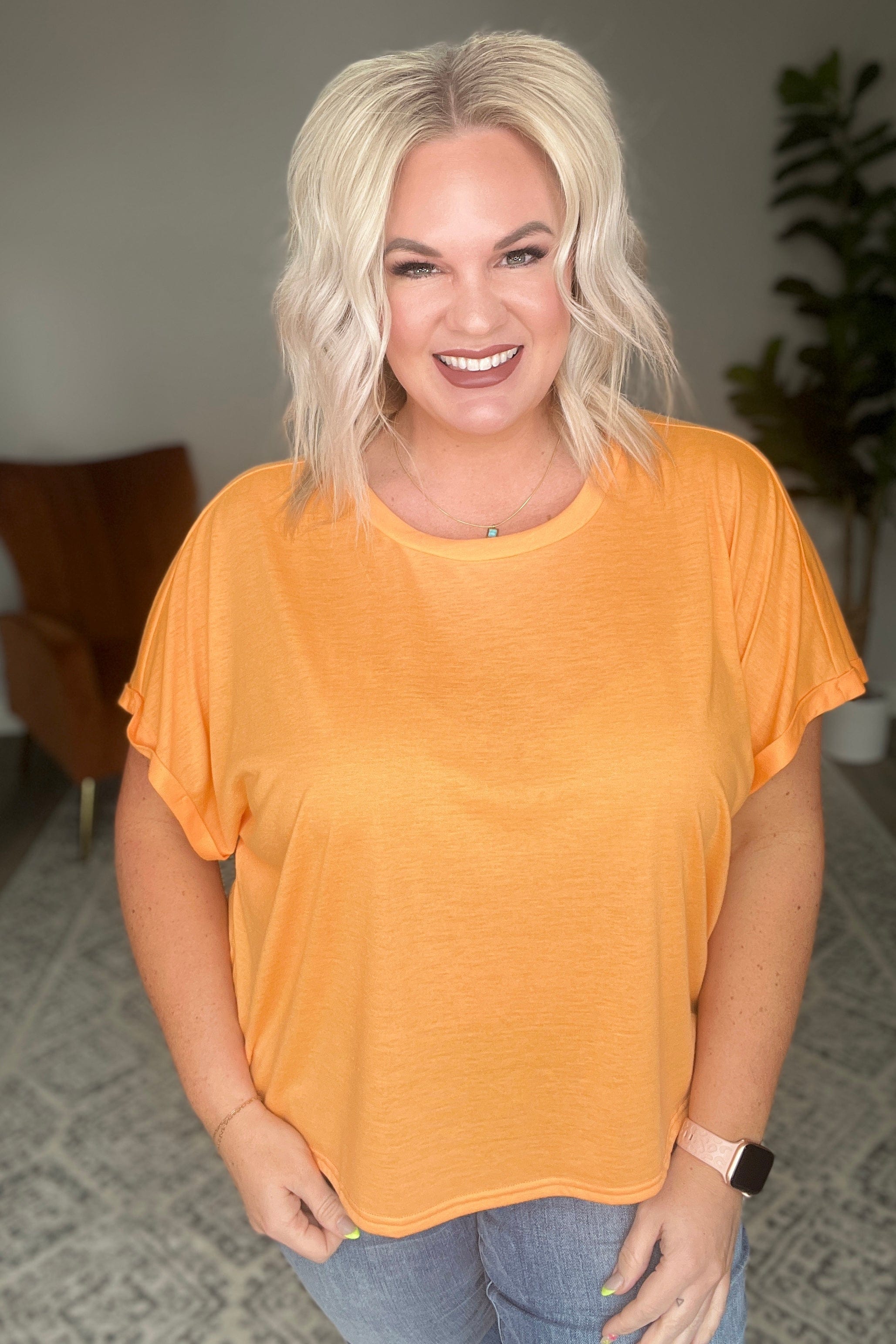 Round Neck Cuffed Sleeve Top in Neon Orange-Tops-Stay Foxy Boutique, Florissant, Missouri