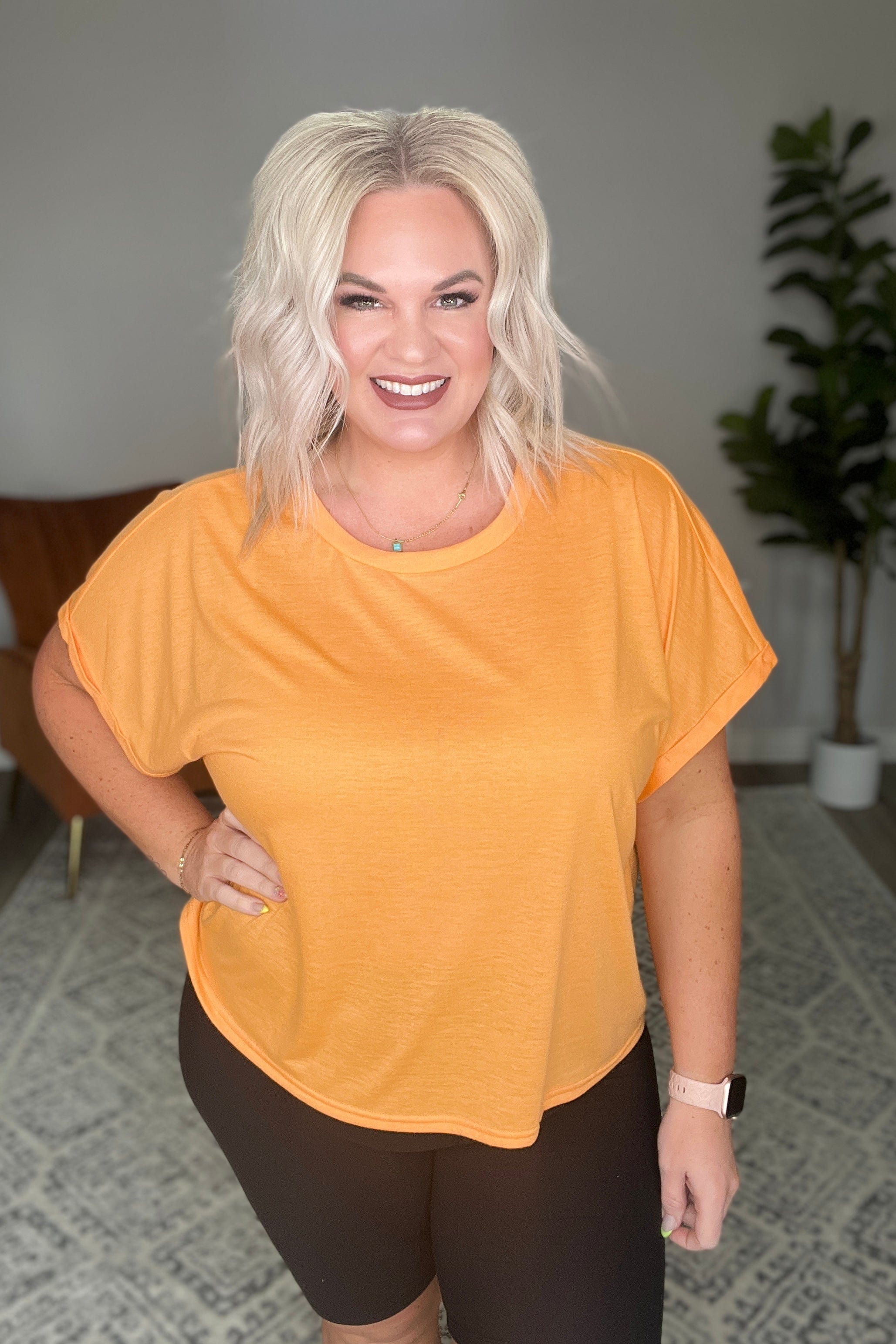 Round Neck Cuffed Sleeve Top in Neon Orange-Tops-Stay Foxy Boutique, Florissant, Missouri