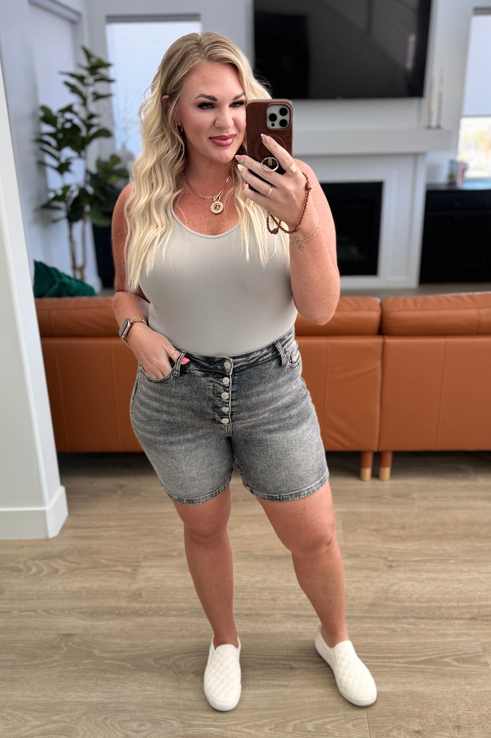 Greyson High Rise Button Fly Cuffed Shorts in Grey-Denim-Stay Foxy Boutique, Florissant, Missouri