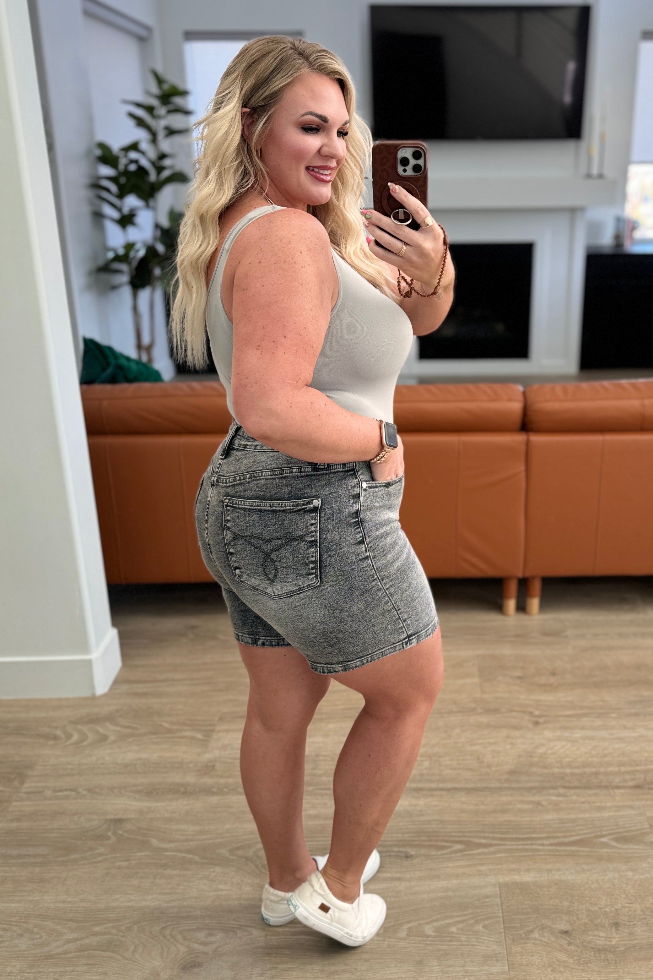 Greyson High Rise Button Fly Cuffed Shorts in Grey-Denim-Stay Foxy Boutique, Florissant, Missouri