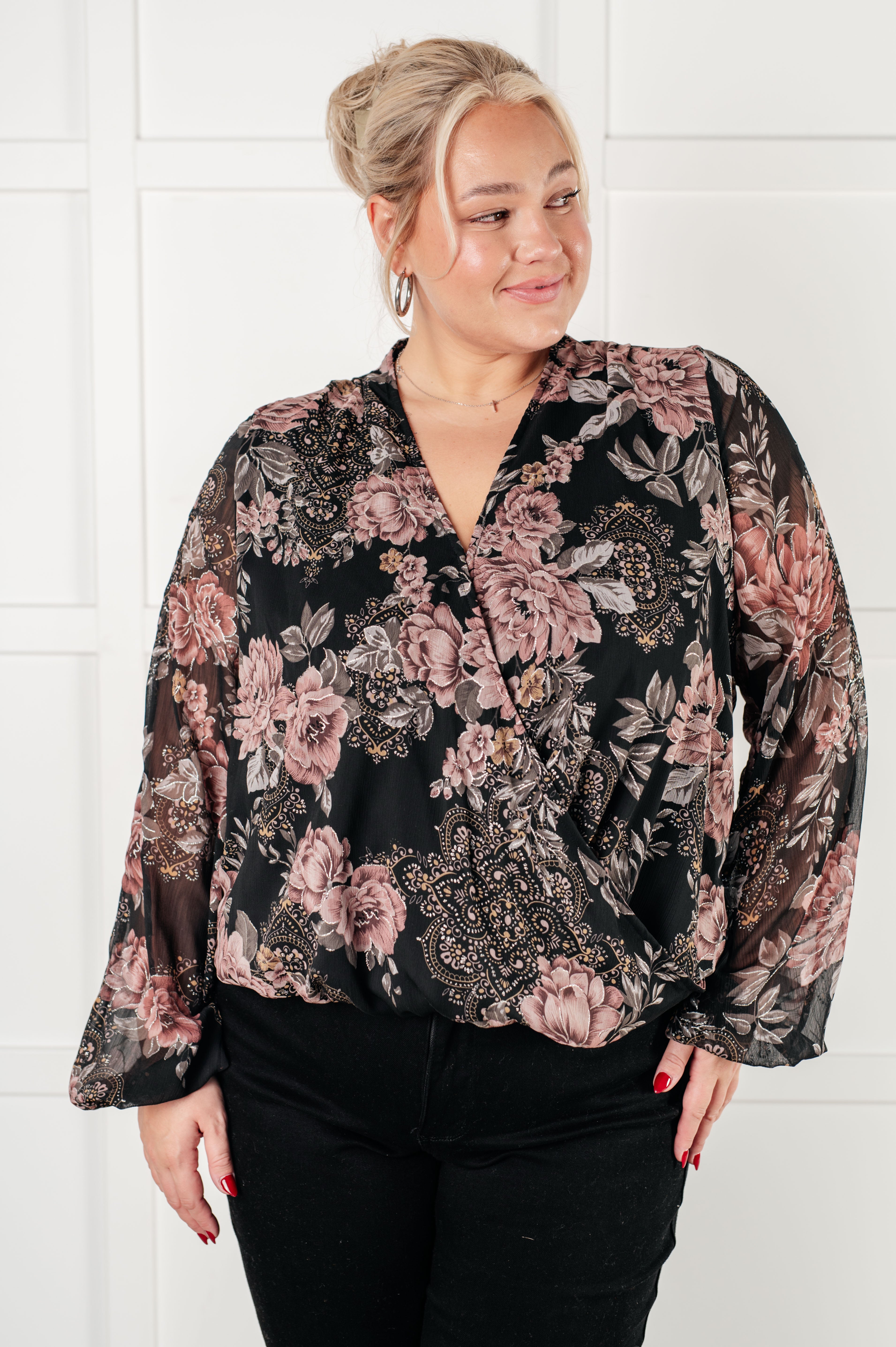 I Wish We Had it All Surplice Floral Blouse-Blouses-Stay Foxy Boutique, Florissant, Missouri