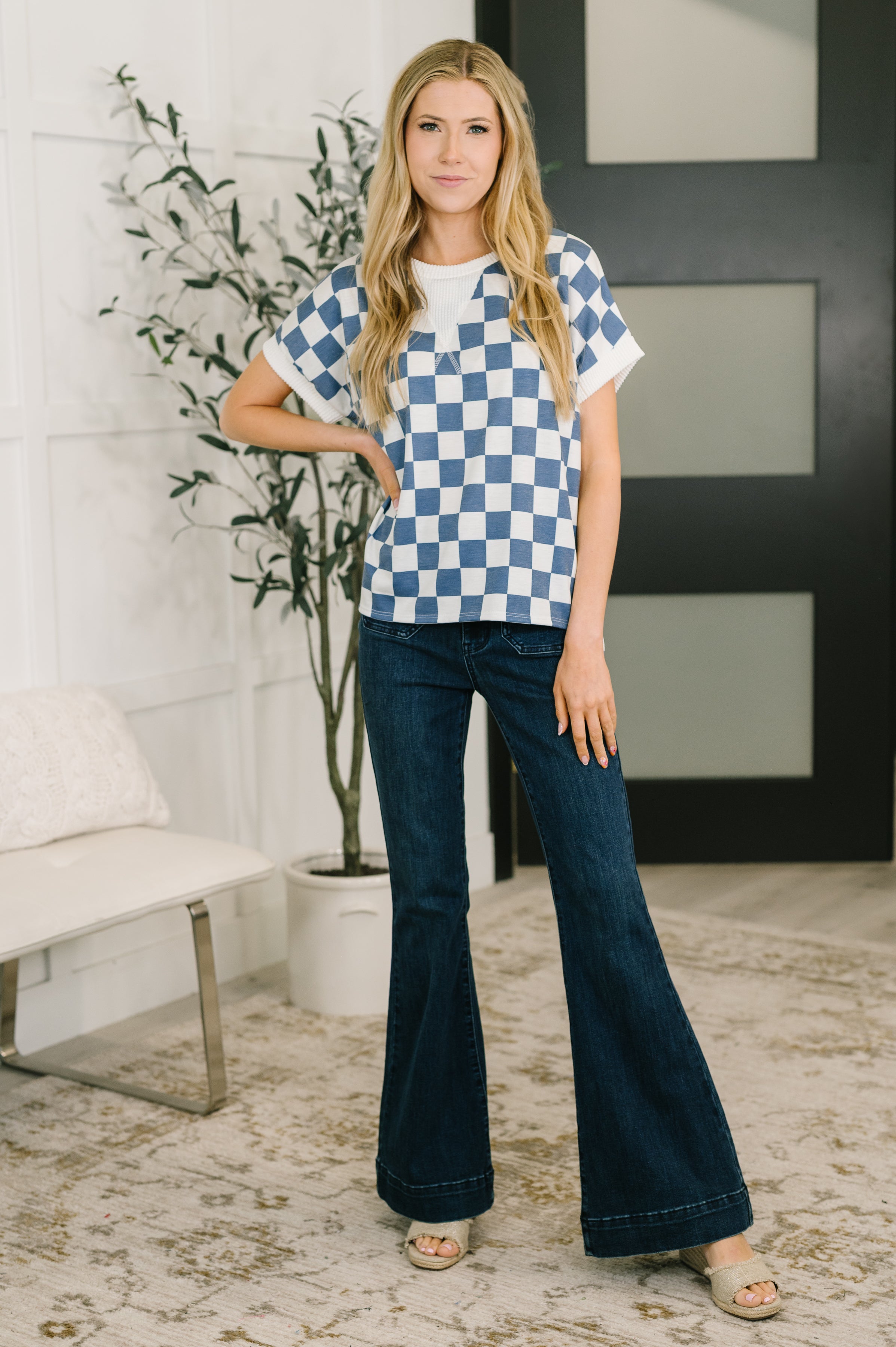 I've Been Everywhere Crew Neck Checkered Top in Blue-Womens-Stay Foxy Boutique, Florissant, Missouri