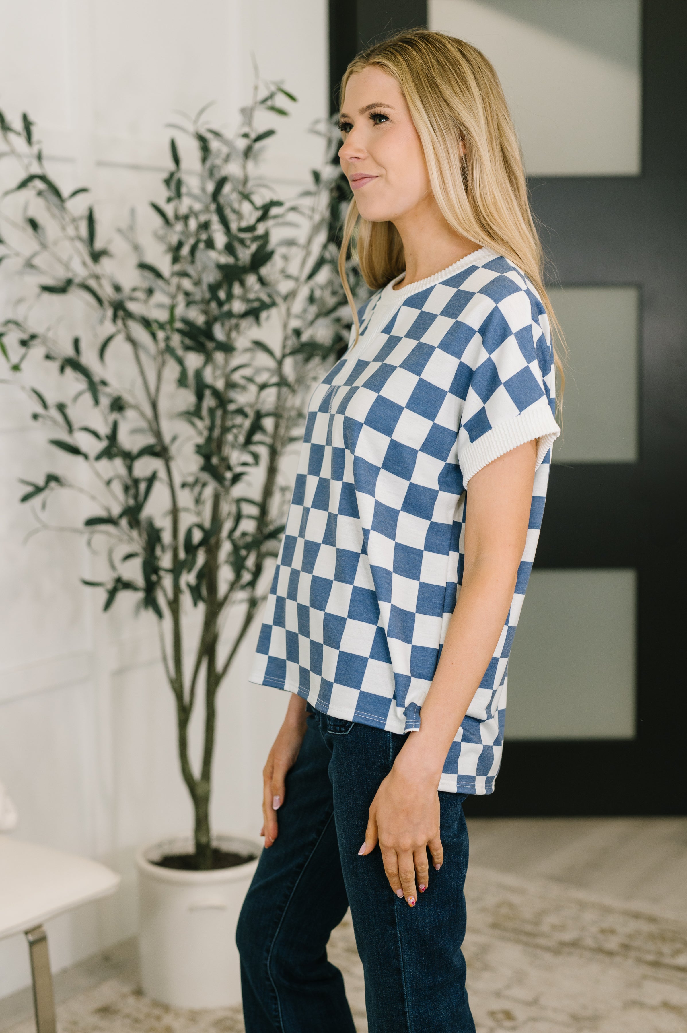 I've Been Everywhere Crew Neck Checkered Top in Blue-Womens-Stay Foxy Boutique, Florissant, Missouri