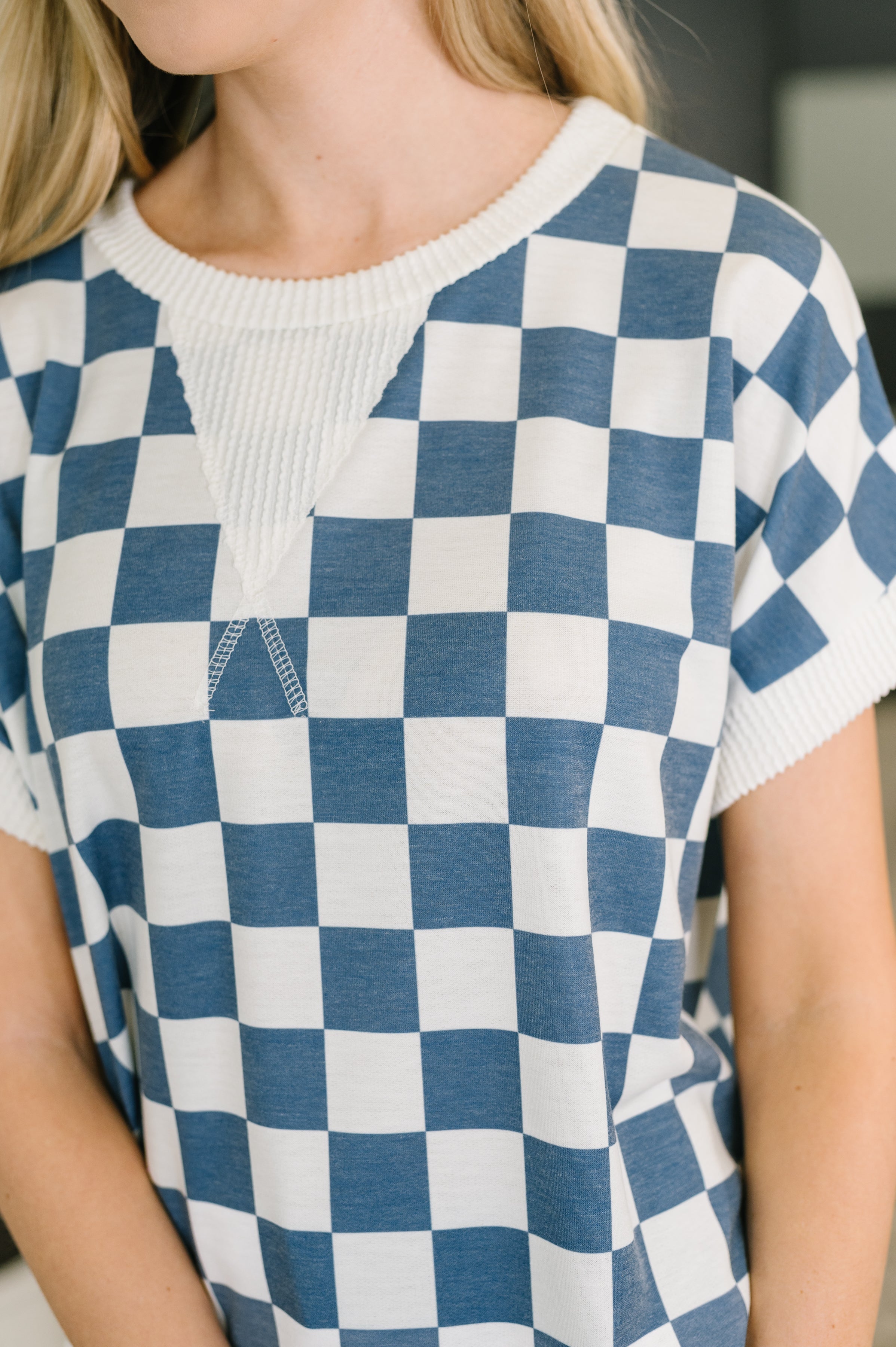 I've Been Everywhere Crew Neck Checkered Top in Blue-Womens-Stay Foxy Boutique, Florissant, Missouri