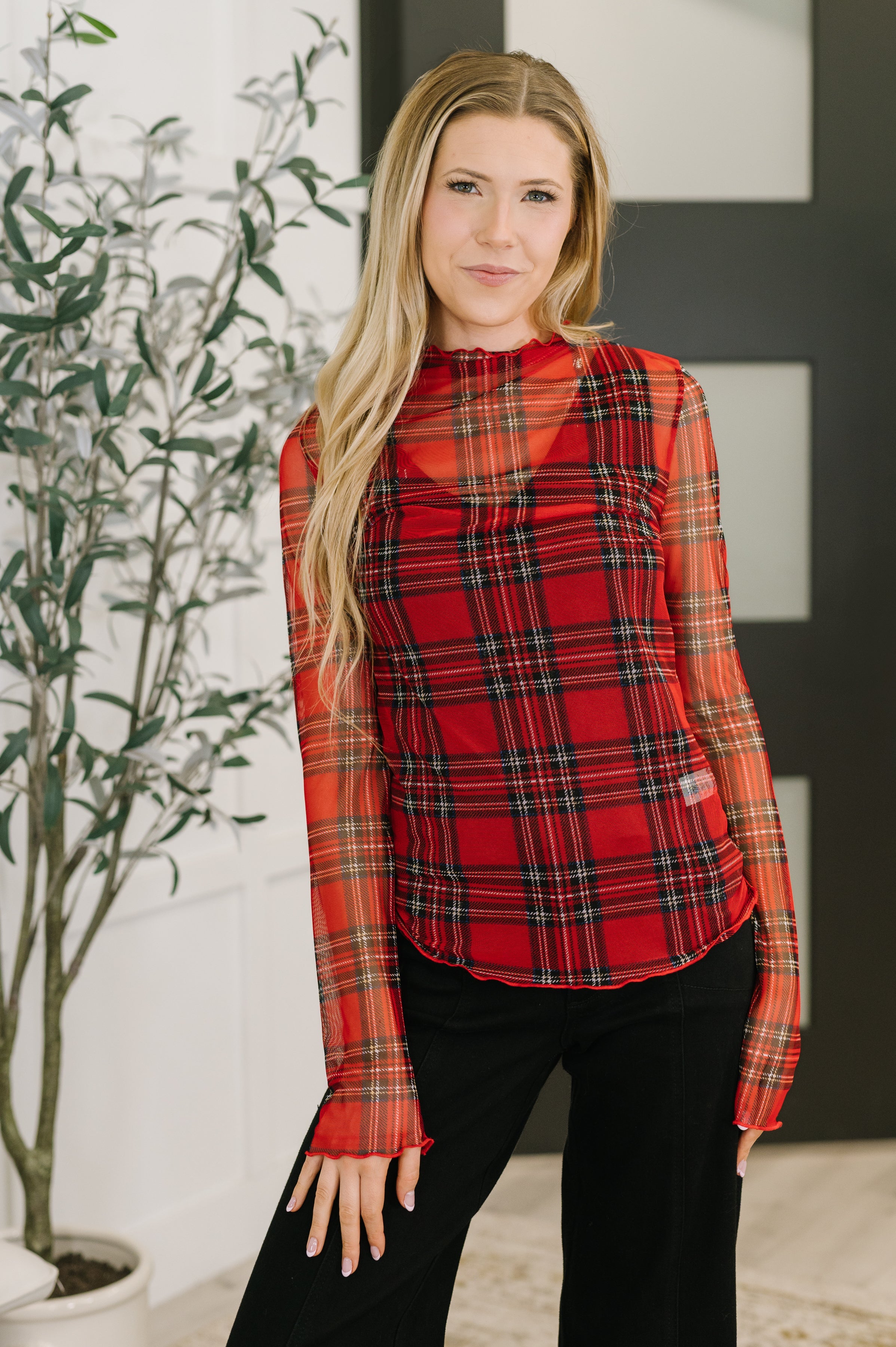 In the Present Plaid Mesh Layering Top in Red-Womens-Stay Foxy Boutique, Florissant, Missouri