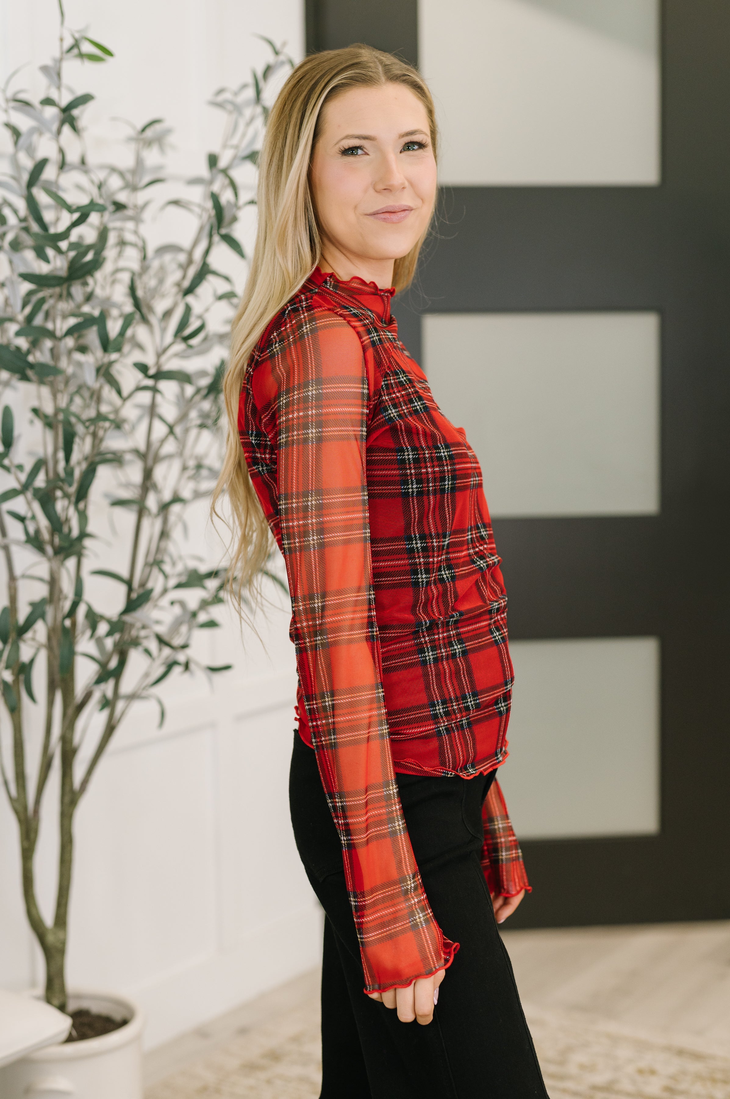 In the Present Plaid Mesh Layering Top in Red-Womens-Stay Foxy Boutique, Florissant, Missouri