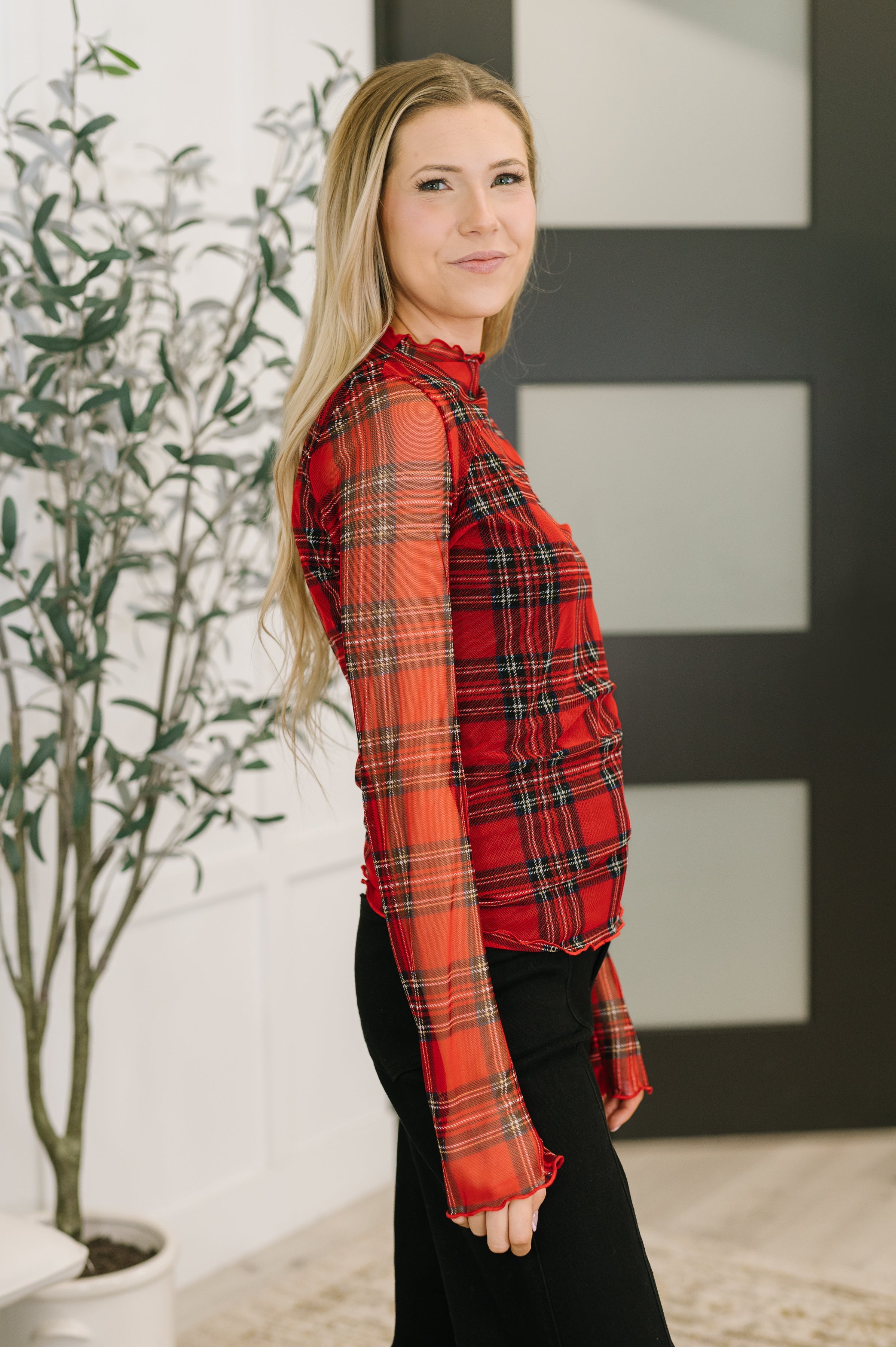 In the Present Plaid Mesh Layering Top in Red-Womens-Stay Foxy Boutique, Florissant, Missouri