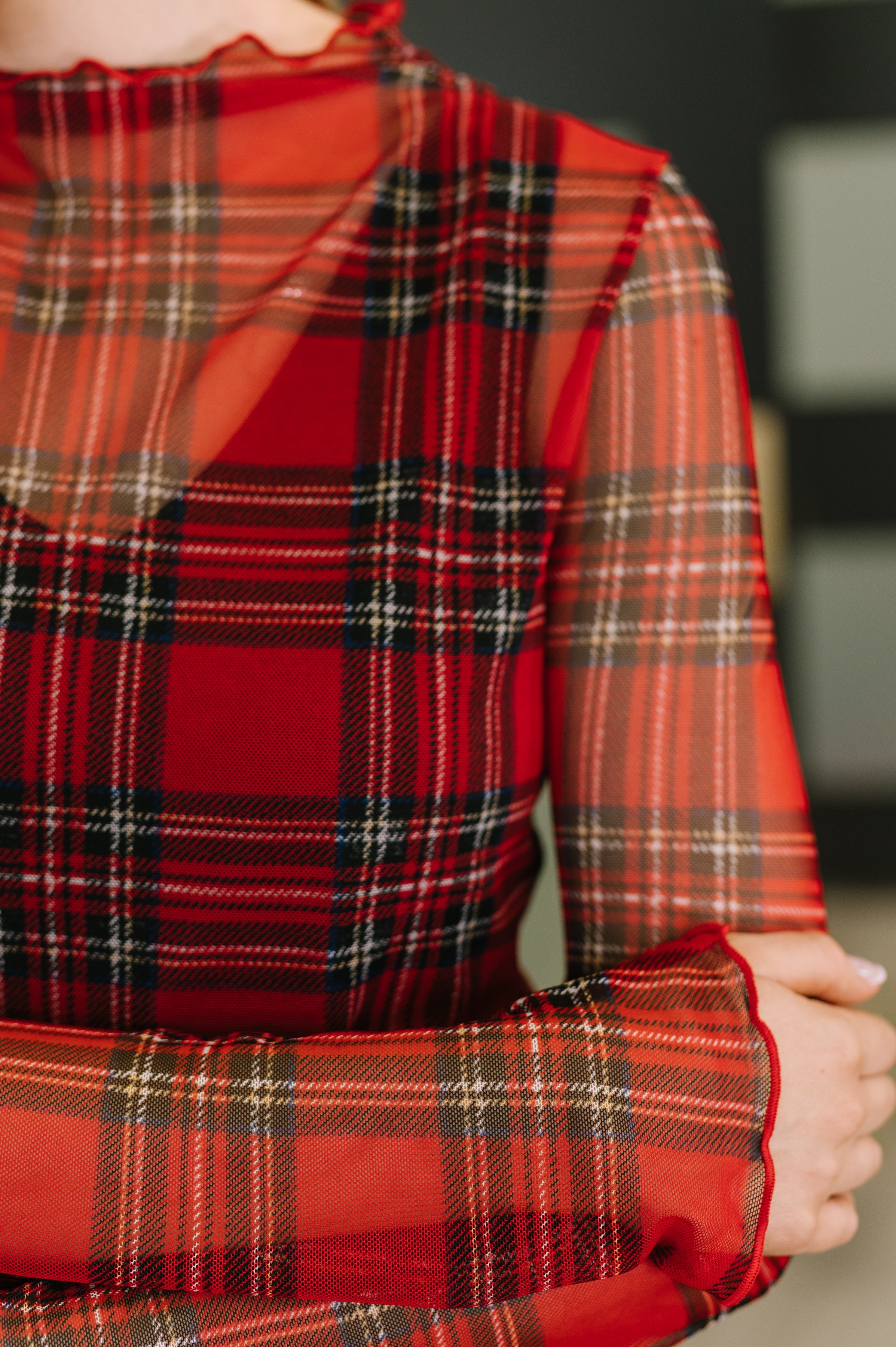 In the Present Plaid Mesh Layering Top in Red-Womens-Stay Foxy Boutique, Florissant, Missouri