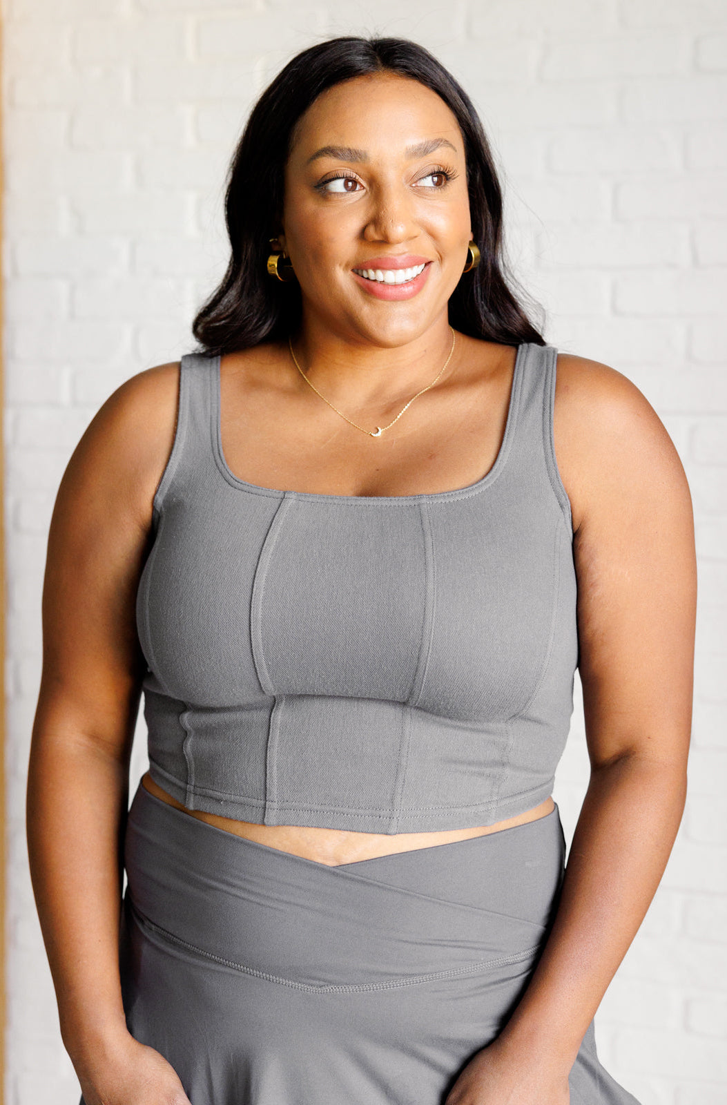It's All About the Balance Twill Square Neck Crop Top in Titanium-Tops-Stay Foxy Boutique, Florissant, Missouri