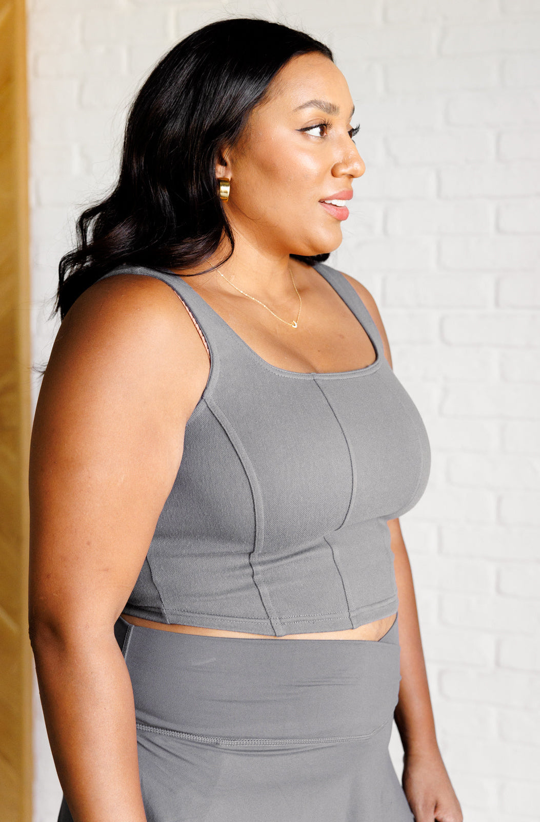 It's All About the Balance Twill Square Neck Crop Top in Titanium-Tops-Stay Foxy Boutique, Florissant, Missouri