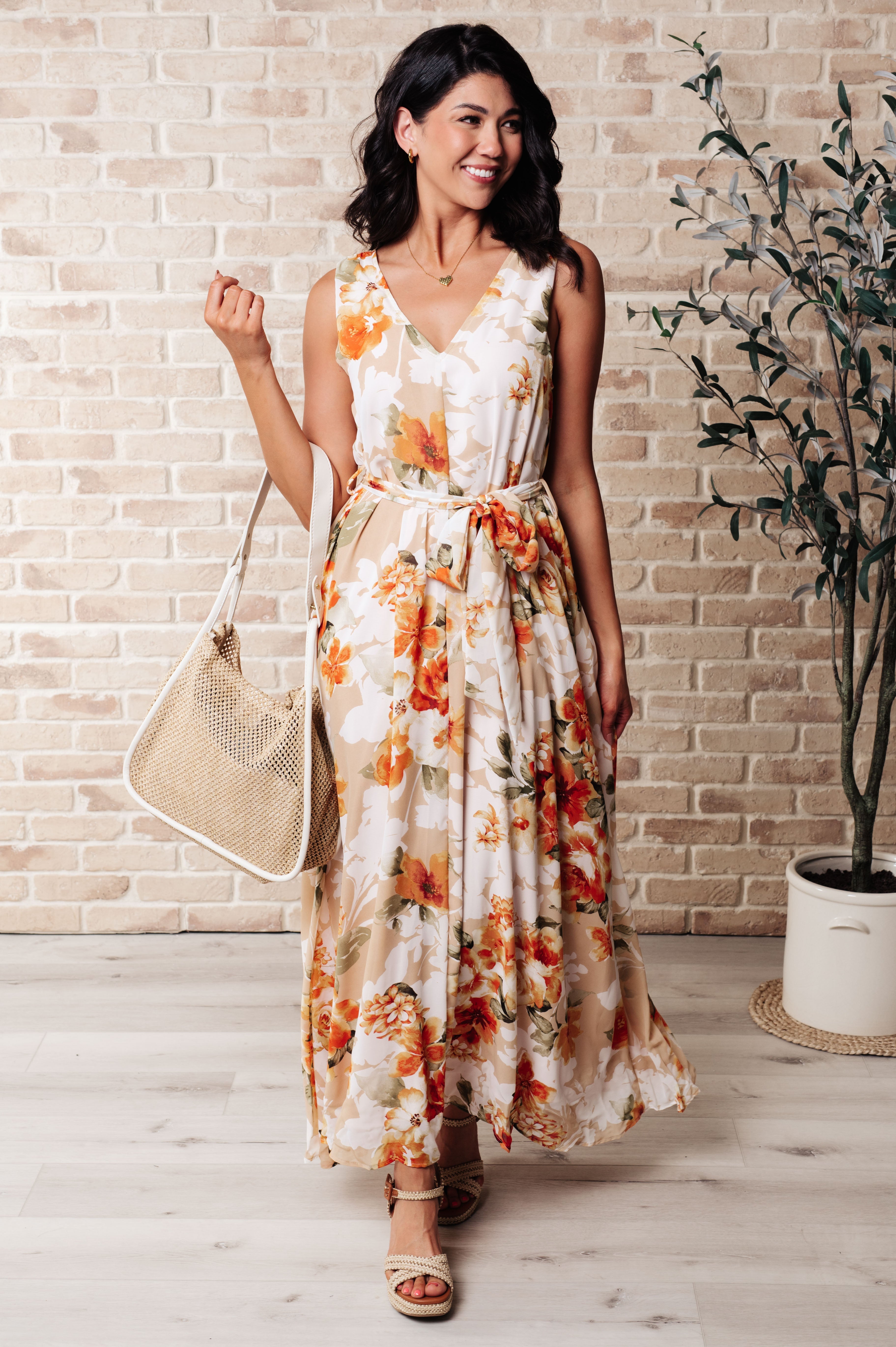 It's All Sunshine V-Neck Floral Dress in Orange-Dresses-Stay Foxy Boutique, Florissant, Missouri