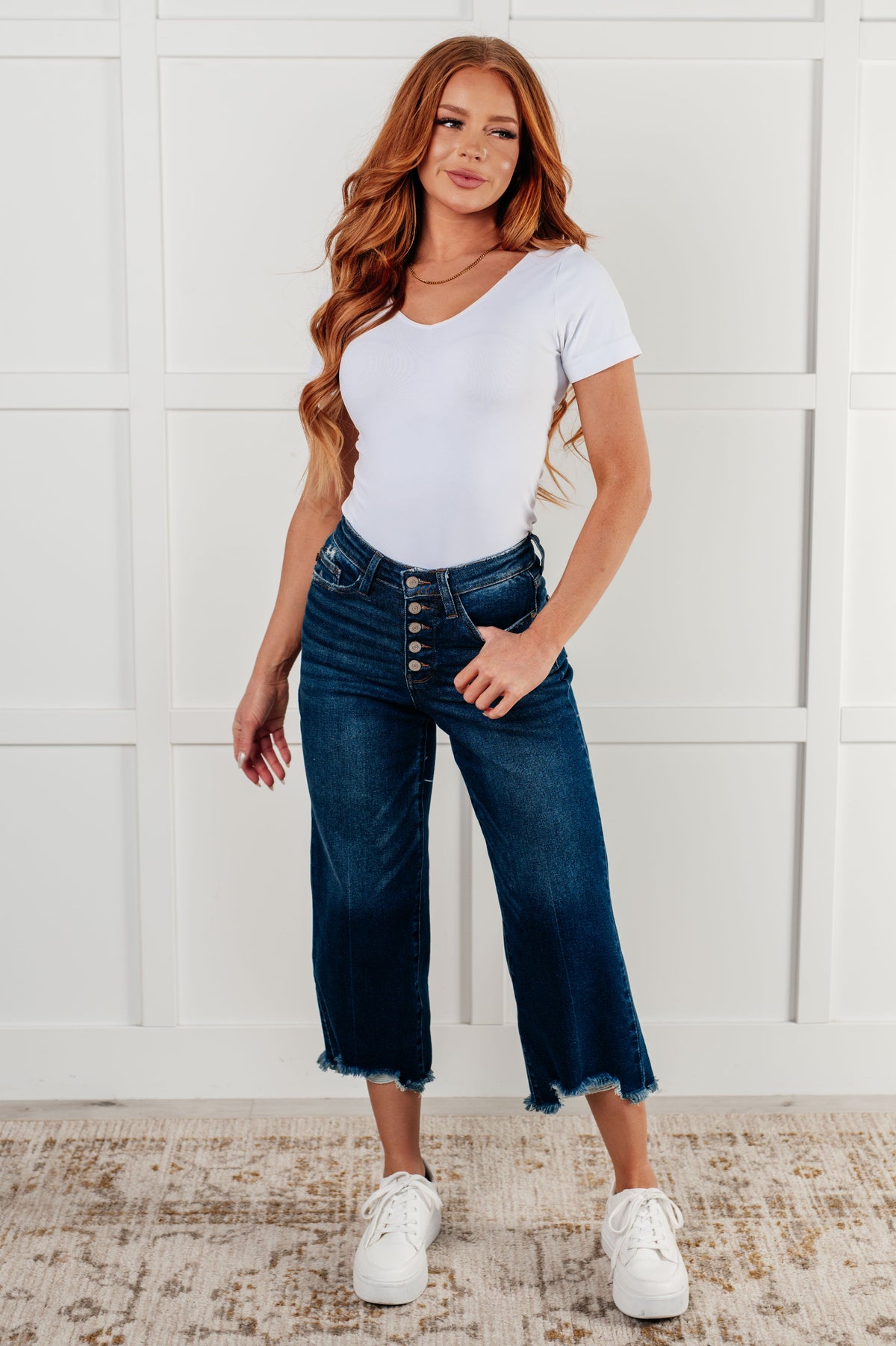 Janice High Rise Button Fly Wide Leg Crop Jeans-Womens-Stay Foxy Boutique, Florissant, Missouri