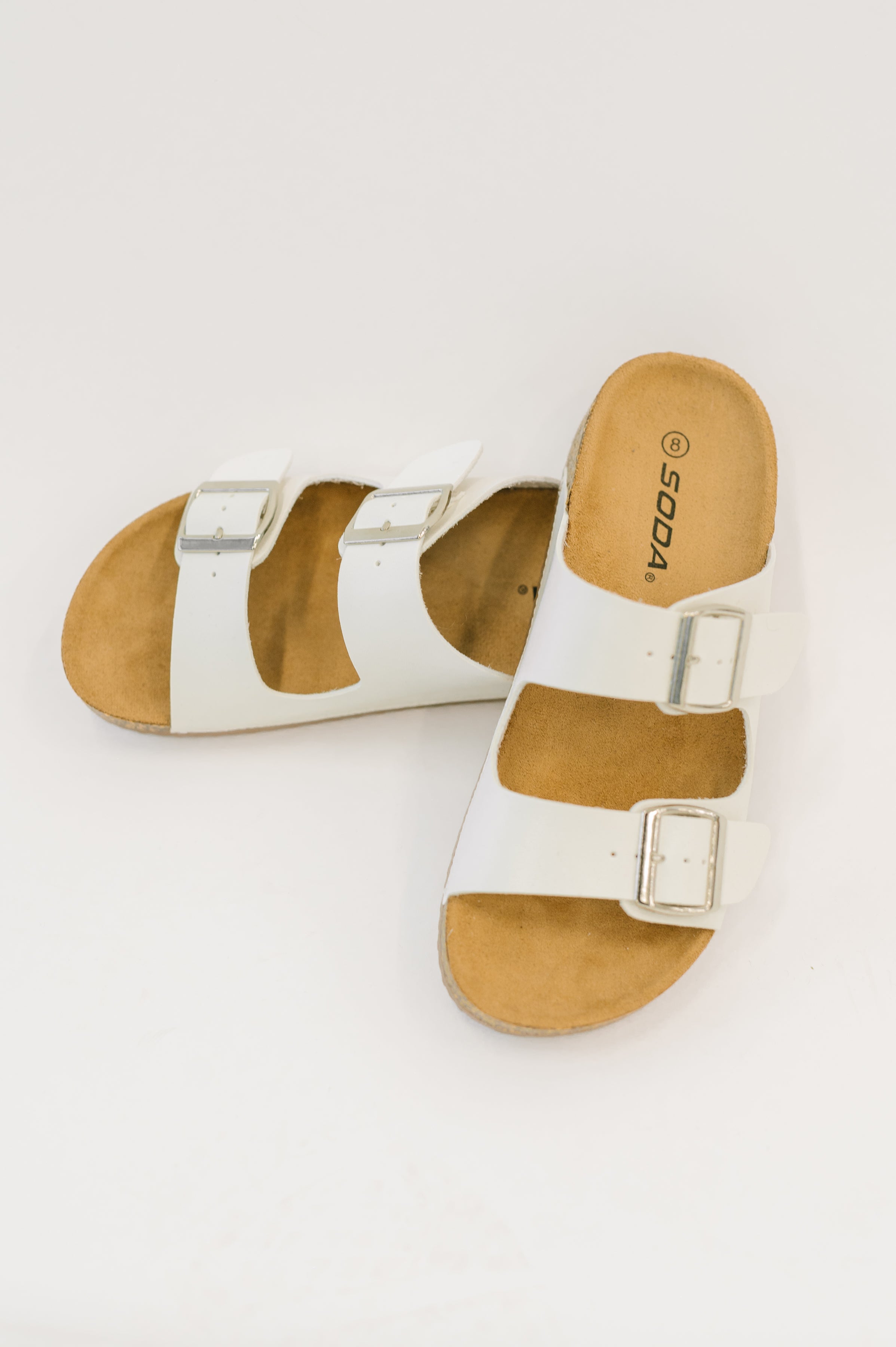 Jete Double Buckle Slides in White-Womens-Stay Foxy Boutique, Florissant, Missouri