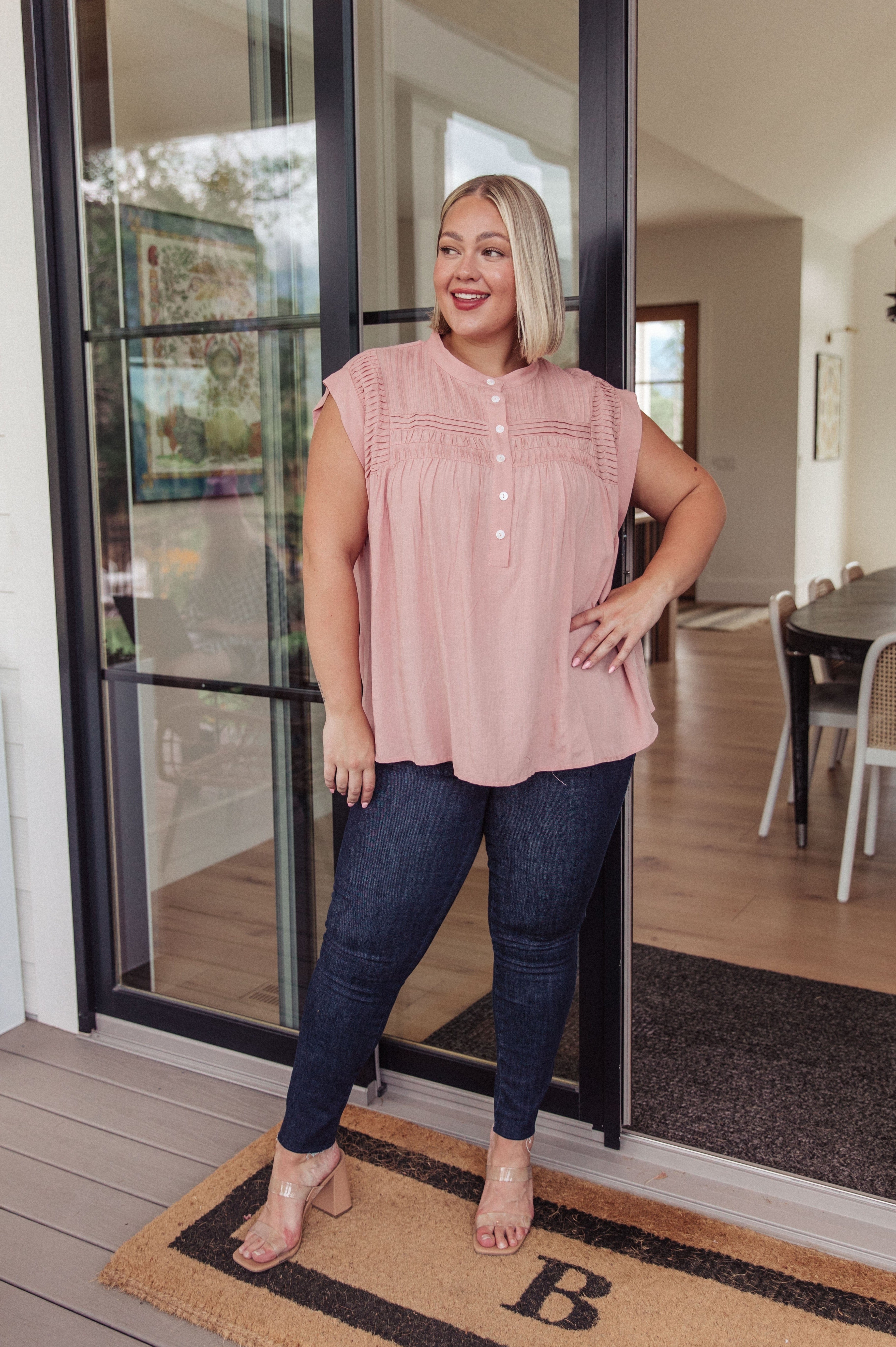 Pleat Detail Button Up Blouse in Pink-Tops-Stay Foxy Boutique, Florissant, Missouri