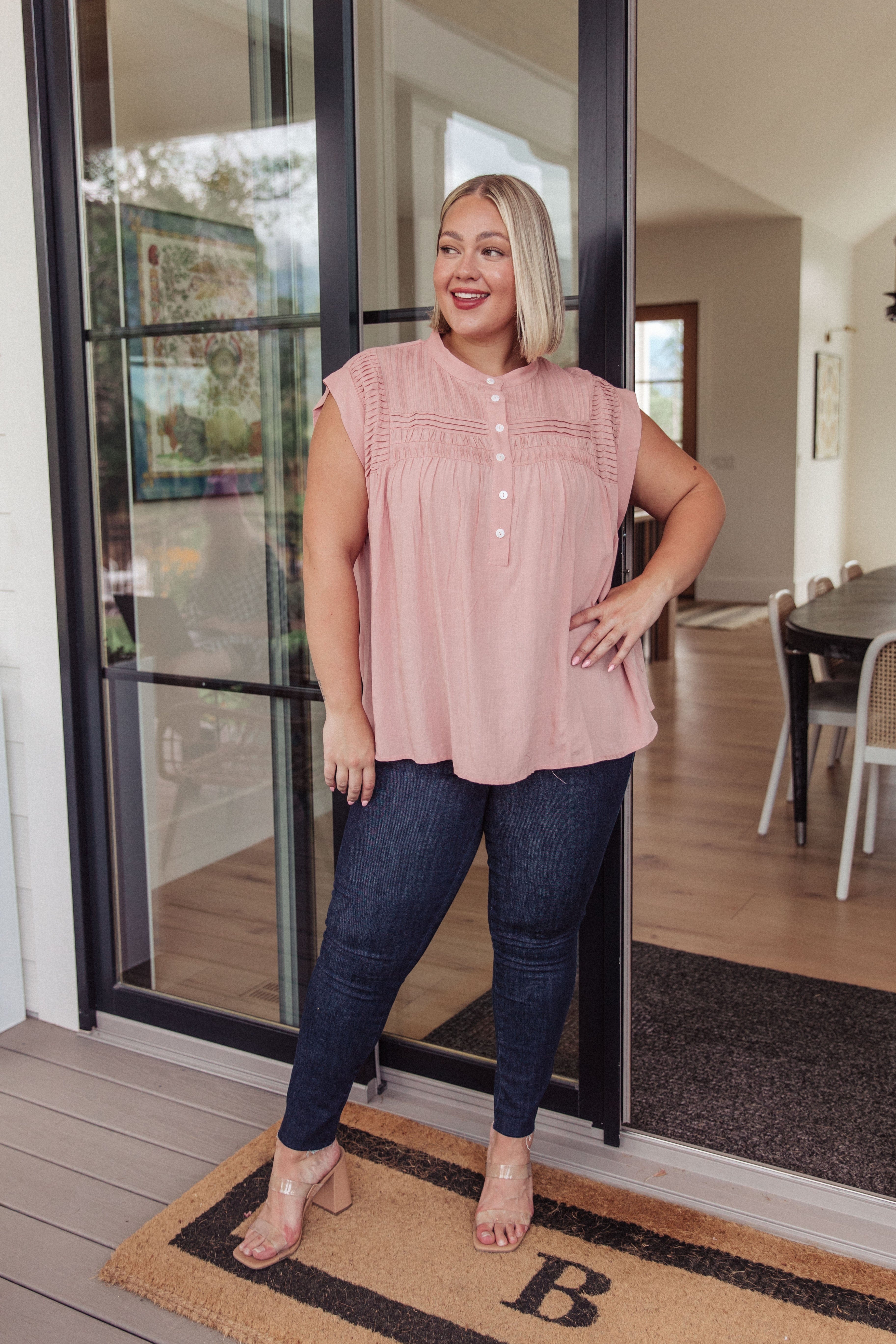 Pleat Detail Button Up Blouse in Pink-Tops-Stay Foxy Boutique, Florissant, Missouri
