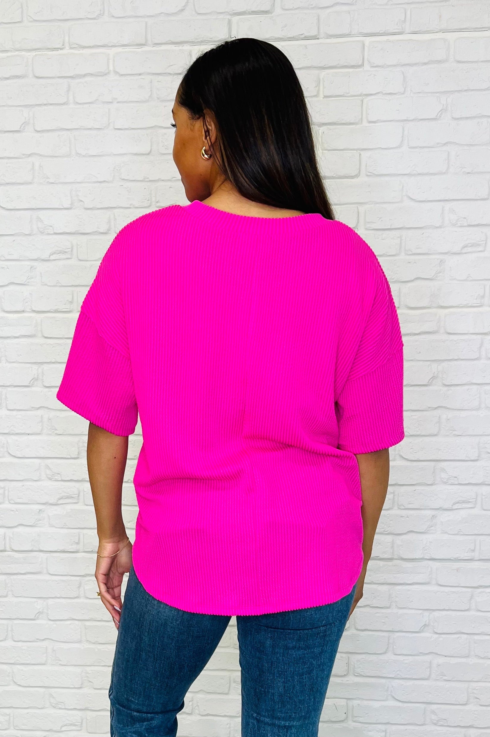 Just a Casual Girly V-Neck Basic Tee in Fuchsia-Womens-Stay Foxy Boutique, Florissant, Missouri