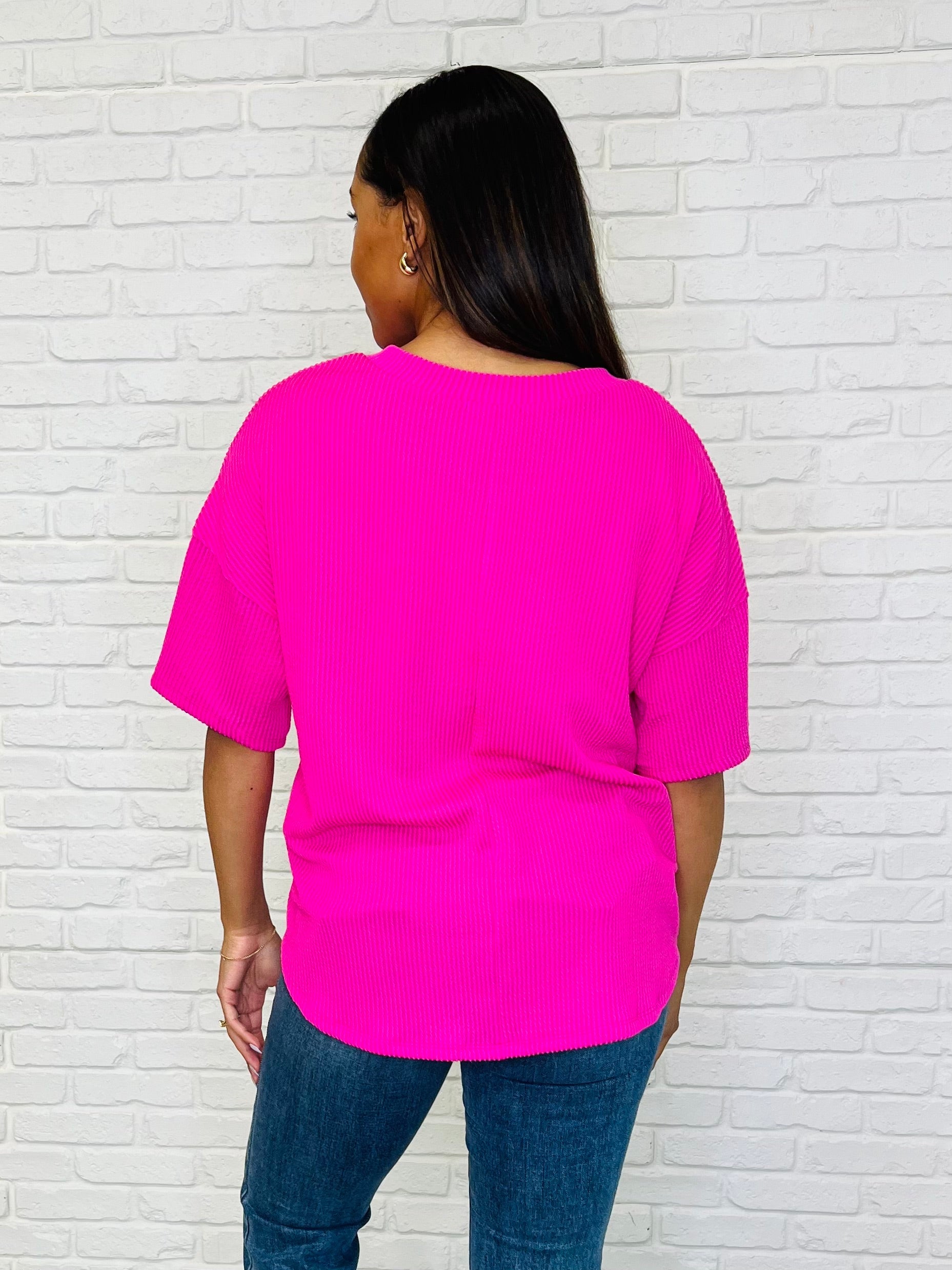 Just a Casual Girly V-Neck Basic Tee in Fuchsia-Womens-Stay Foxy Boutique, Florissant, Missouri