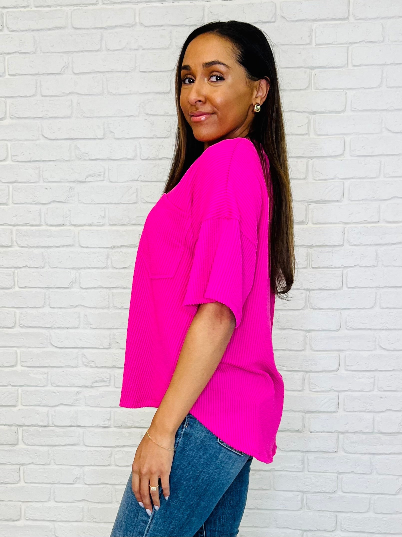 Just a Casual Girly V-Neck Basic Tee in Fuchsia-Womens-Stay Foxy Boutique, Florissant, Missouri