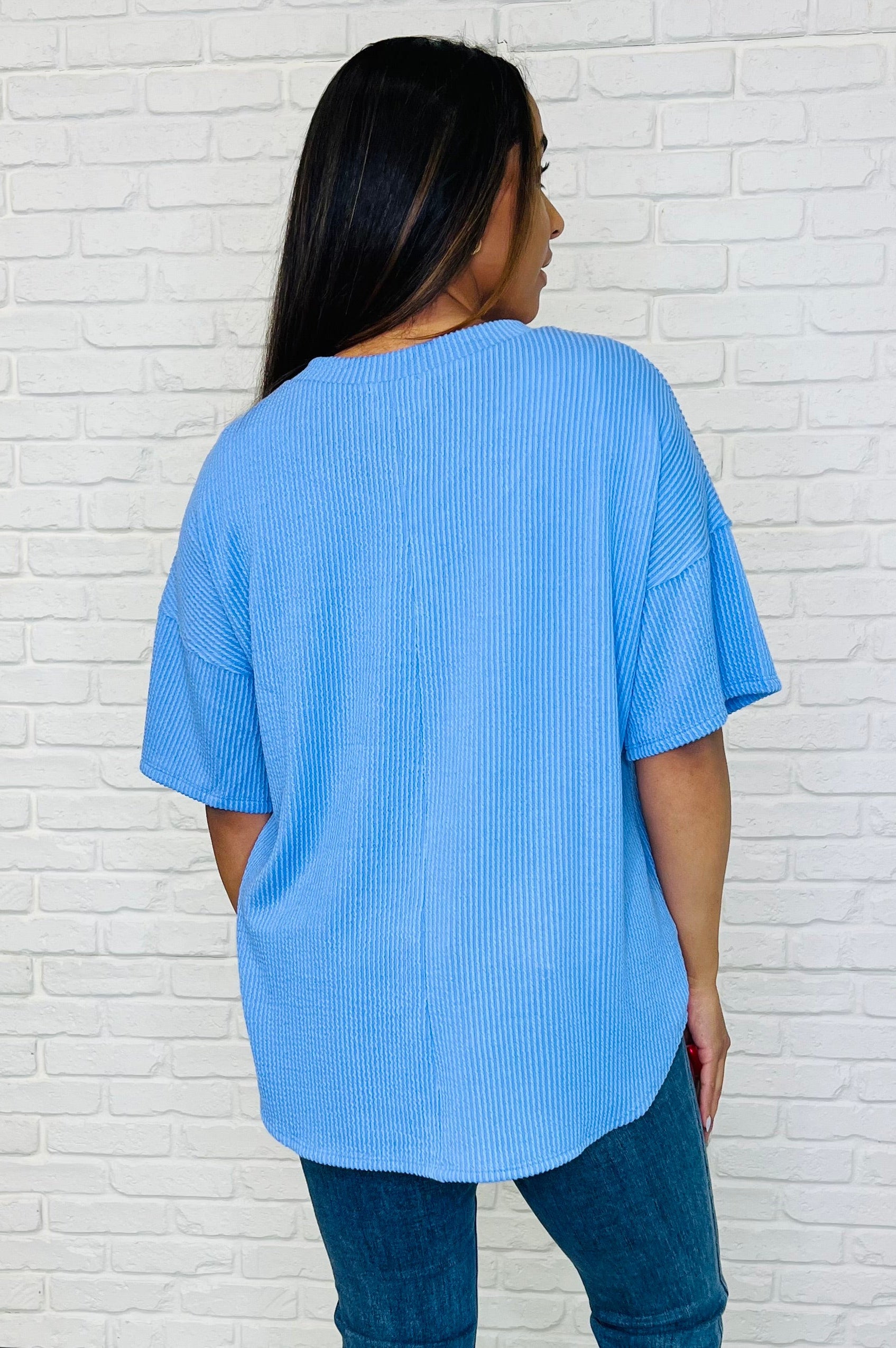 Just a Casual Girly V-Neck Basic Tee in Periwinkle Blue-Womens-Stay Foxy Boutique, Florissant, Missouri
