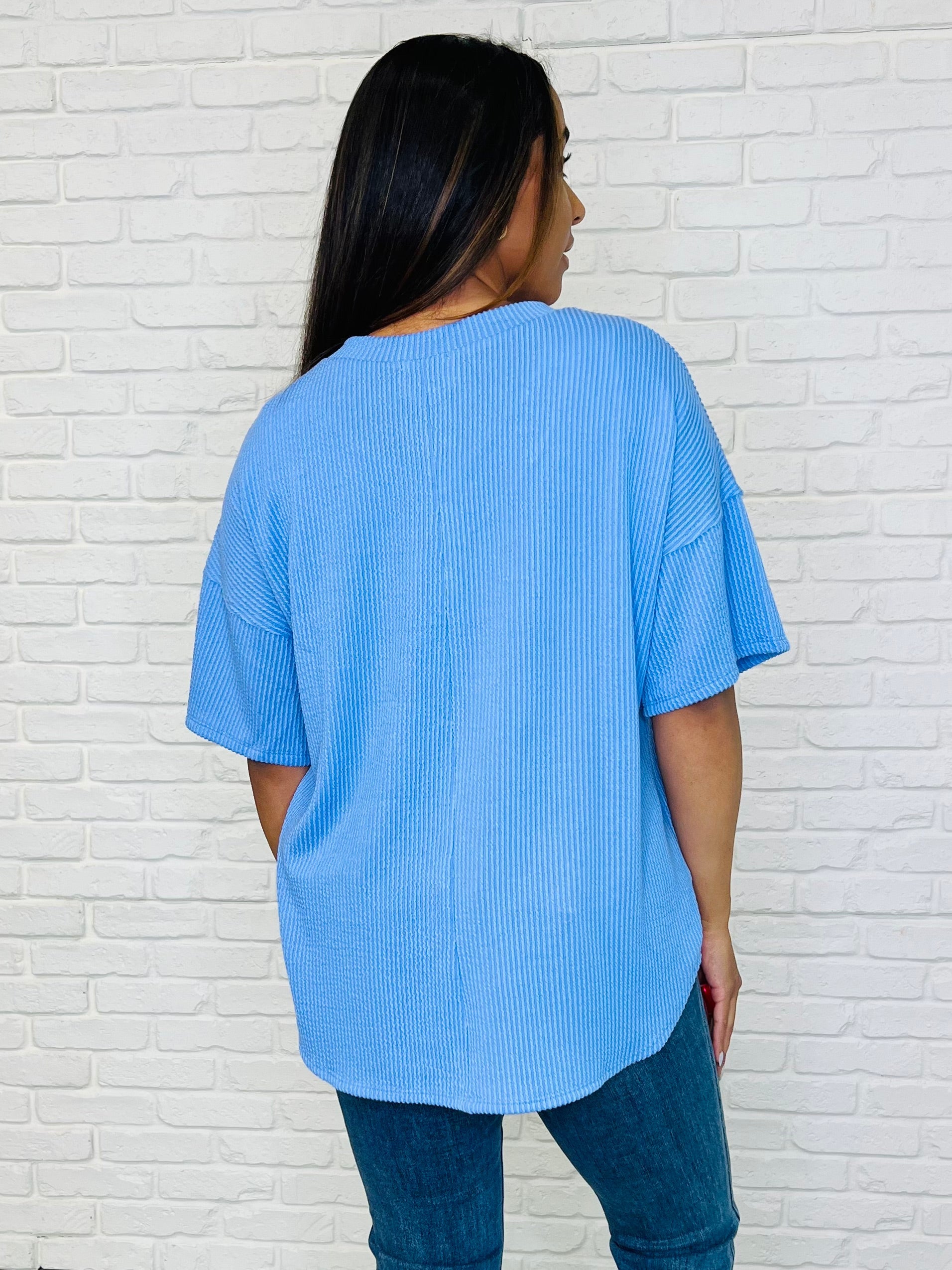 Just a Casual Girly V-Neck Basic Tee in Periwinkle Blue-Womens-Stay Foxy Boutique, Florissant, Missouri