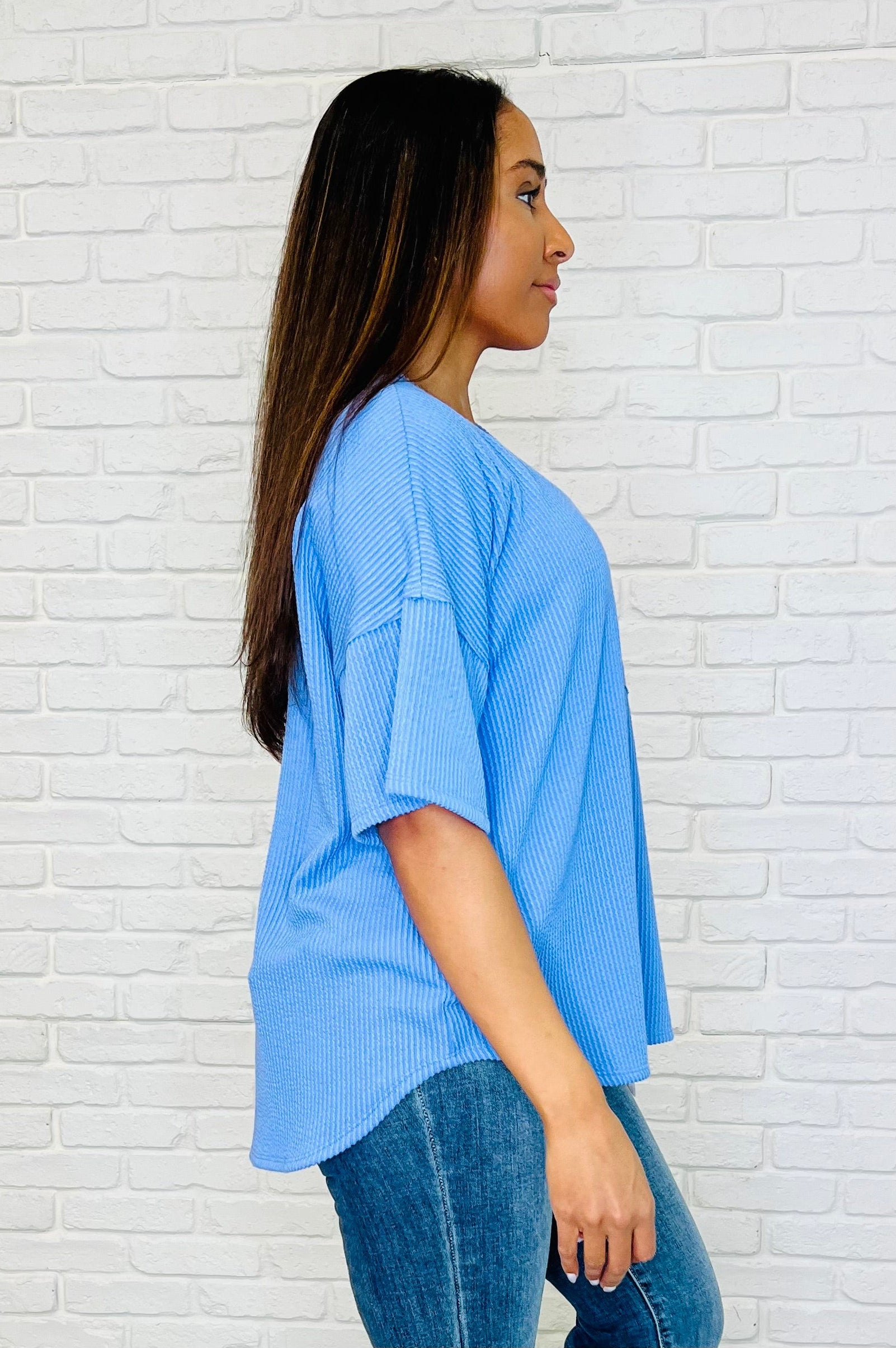 Just a Casual Girly V-Neck Basic Tee in Periwinkle Blue-Womens-Stay Foxy Boutique, Florissant, Missouri