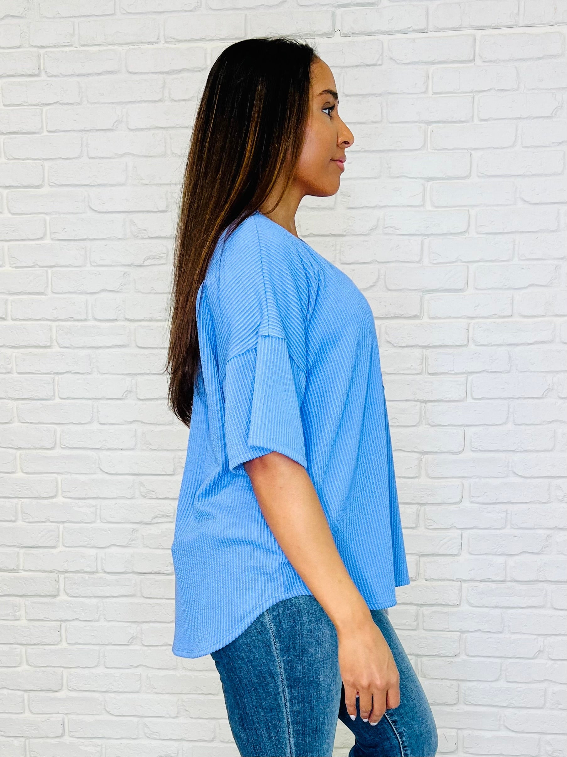 Just a Casual Girly V-Neck Basic Tee in Periwinkle Blue-Womens-Stay Foxy Boutique, Florissant, Missouri