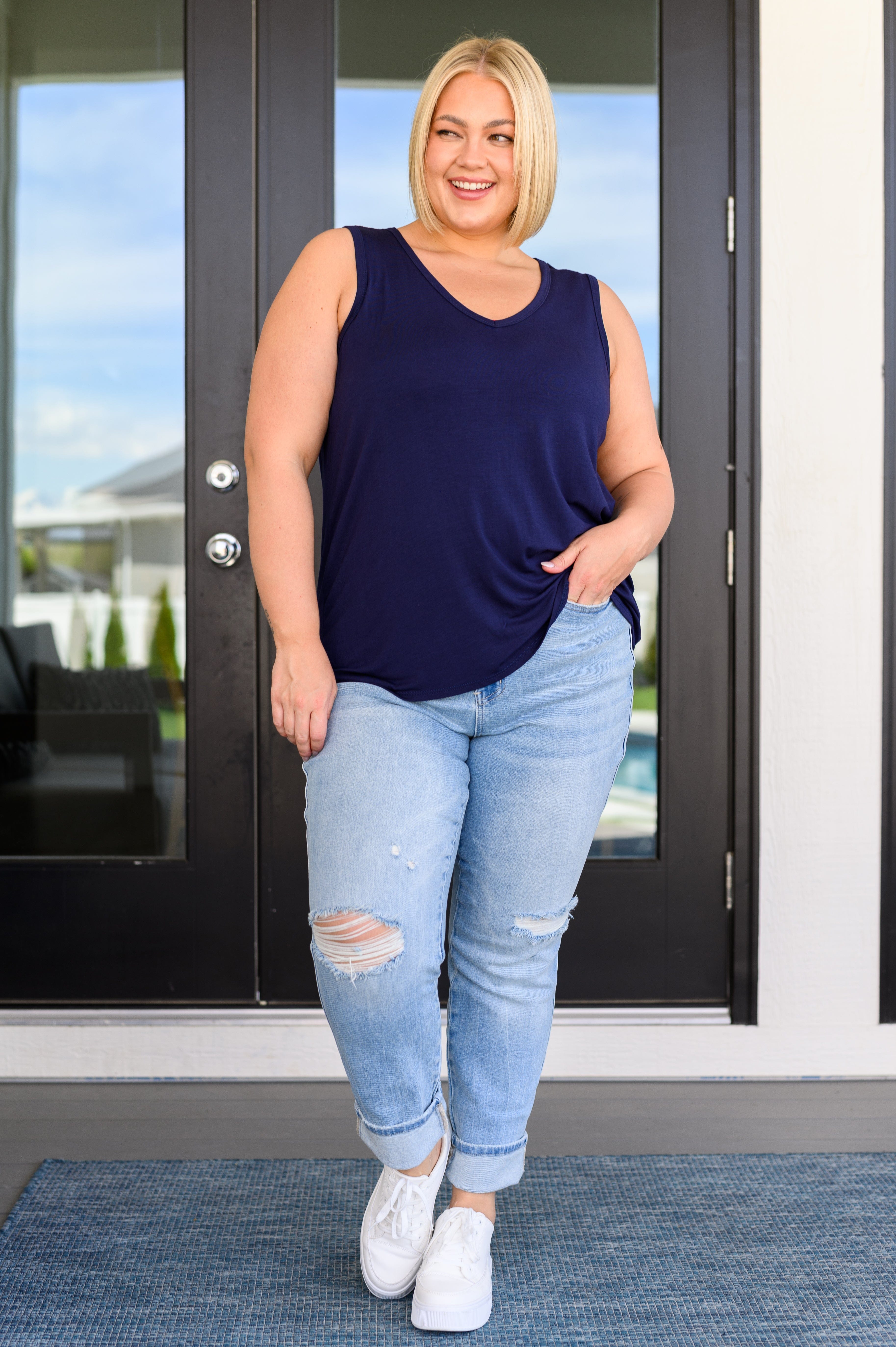 Land of the Free Tank in Navy-Tops-Stay Foxy Boutique, Florissant, Missouri