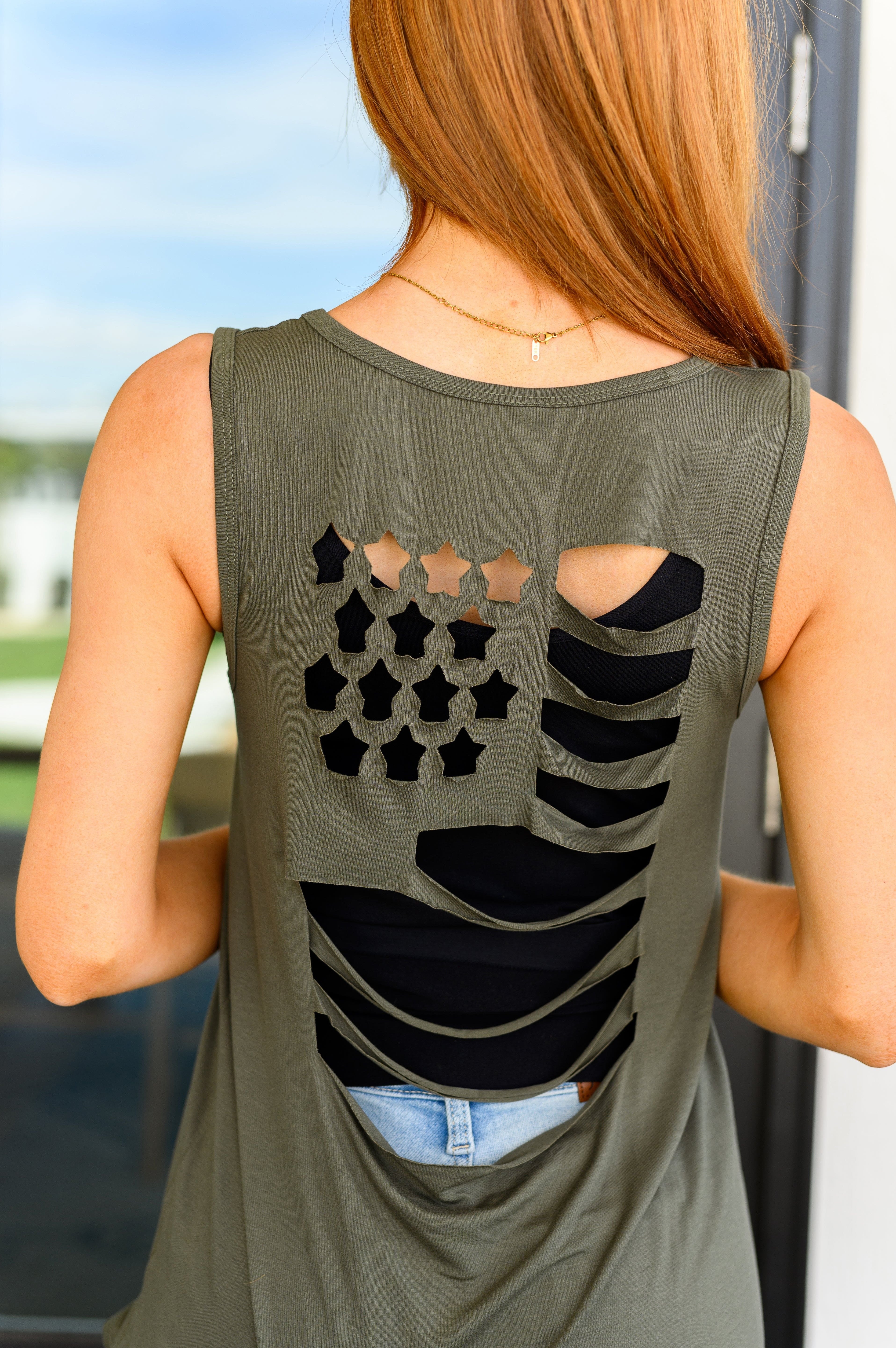 Land of the Free Tank in Olive-Tops-Stay Foxy Boutique, Florissant, Missouri