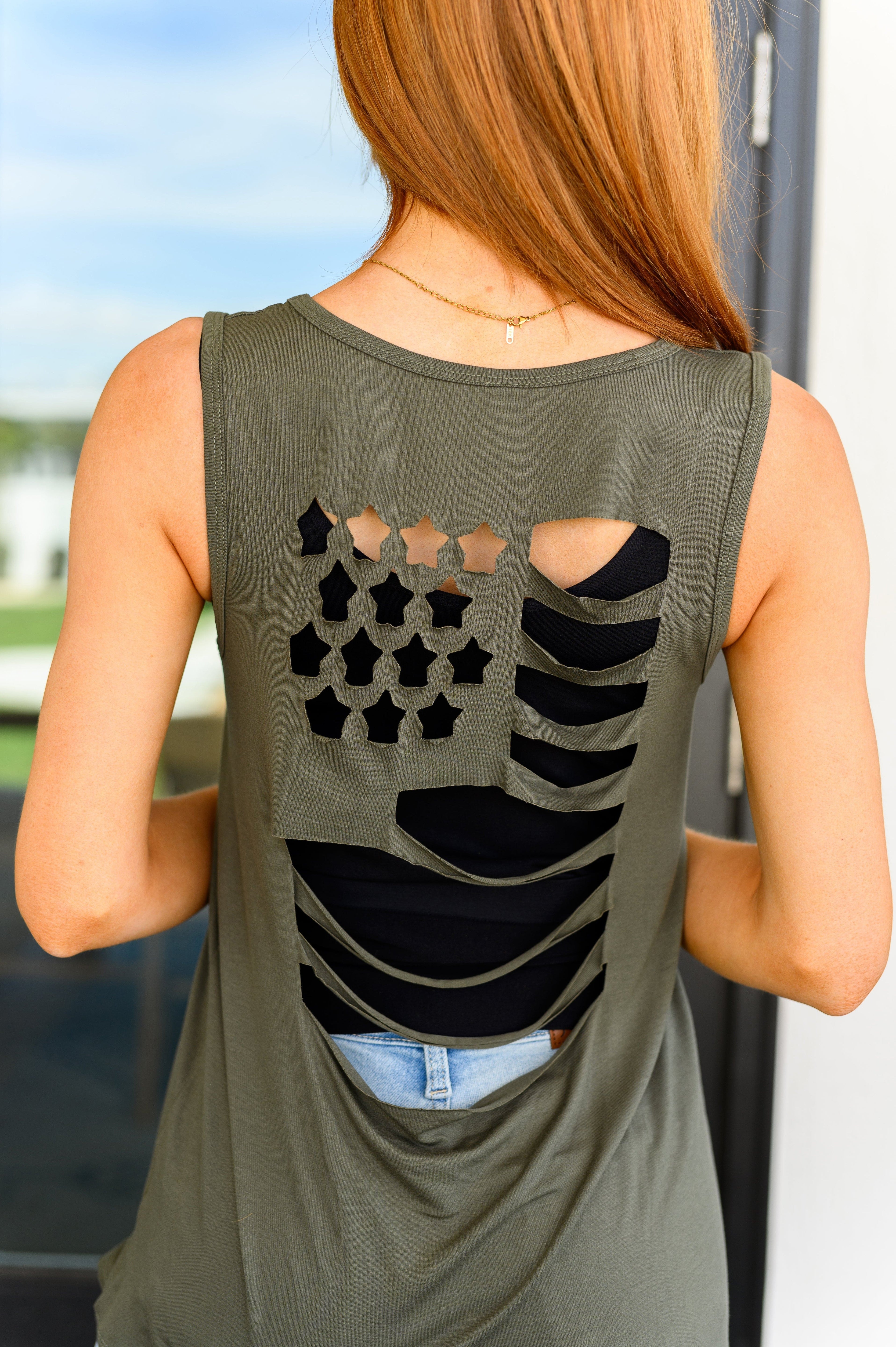 Land of the Free Tank in Olive-Tops-Stay Foxy Boutique, Florissant, Missouri