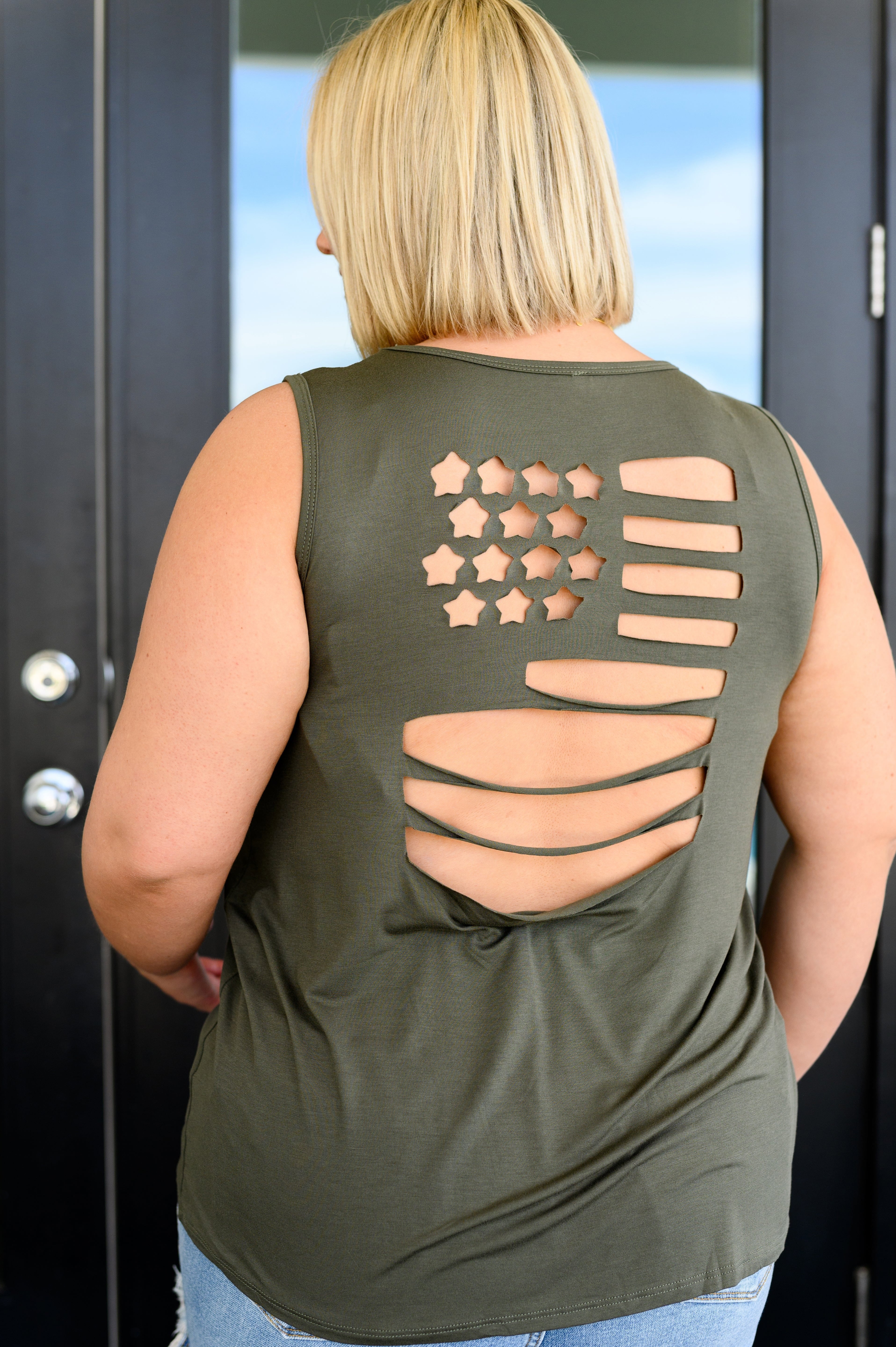 Land of the Free Tank in Olive-Tops-Stay Foxy Boutique, Florissant, Missouri