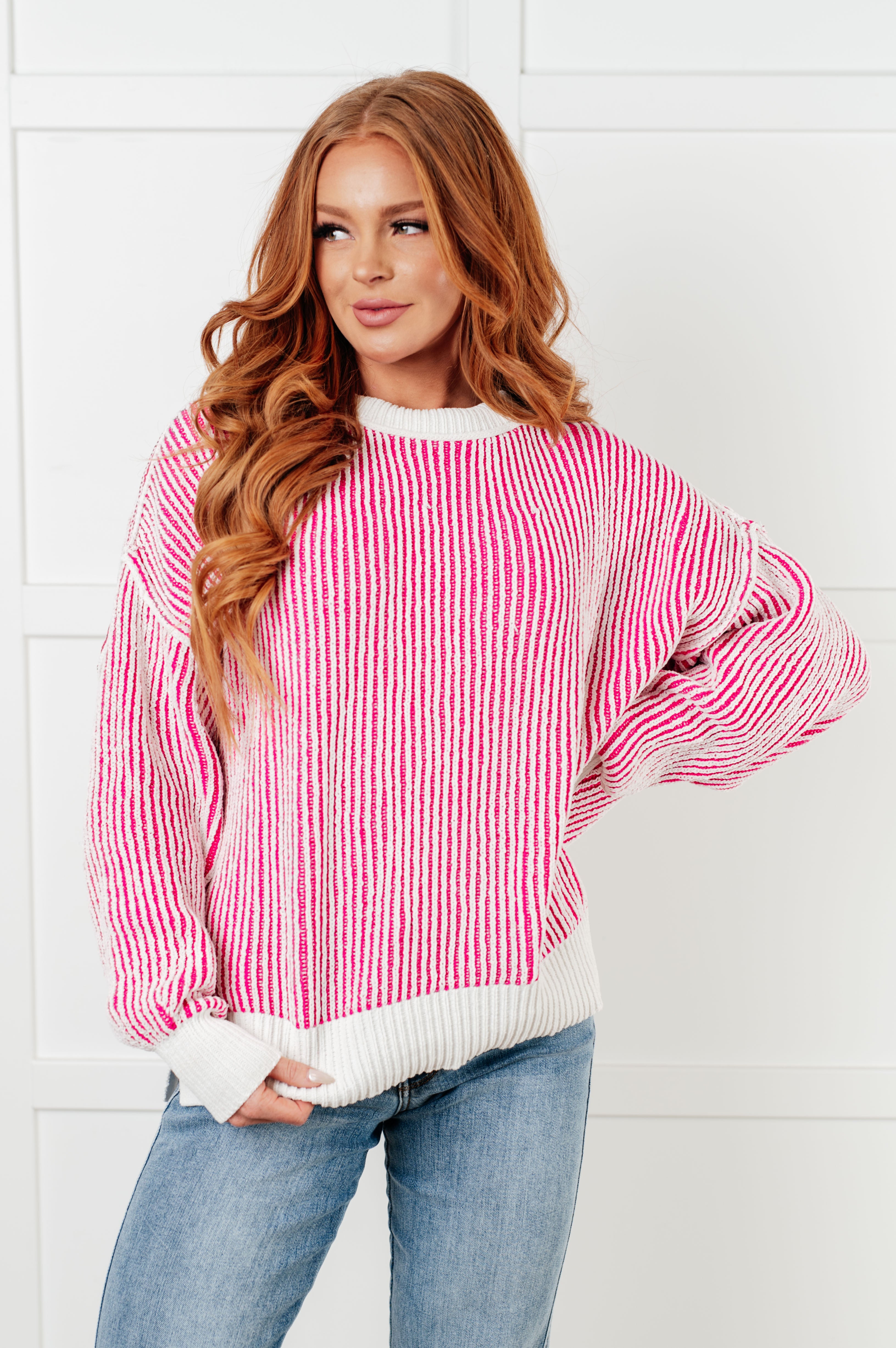 Least High Maintenance Contrast Trim Sweater in Pink-Tops-Stay Foxy Boutique, Florissant, Missouri