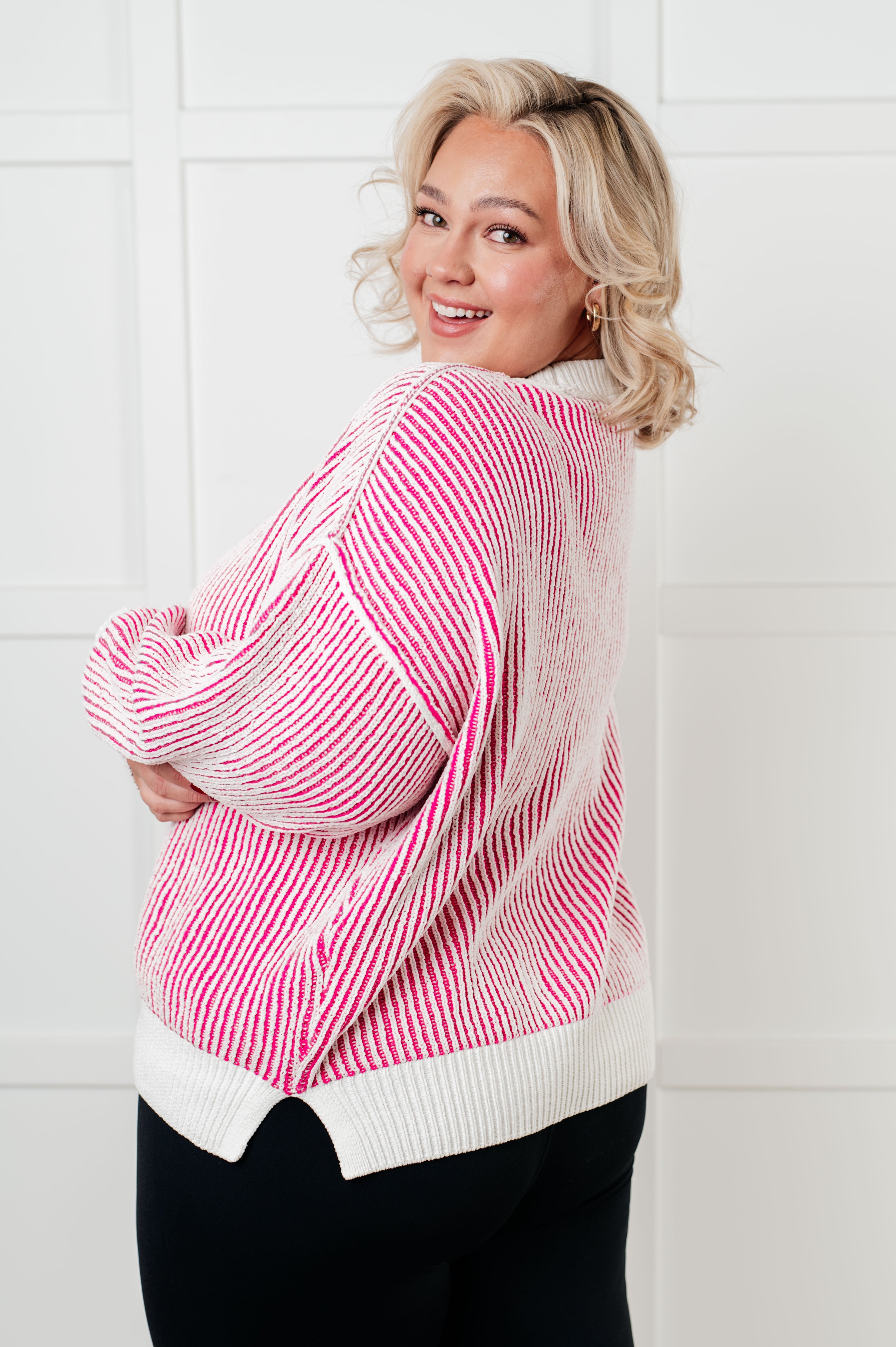 Least High Maintenance Contrast Trim Sweater in Pink-Tops-Stay Foxy Boutique, Florissant, Missouri