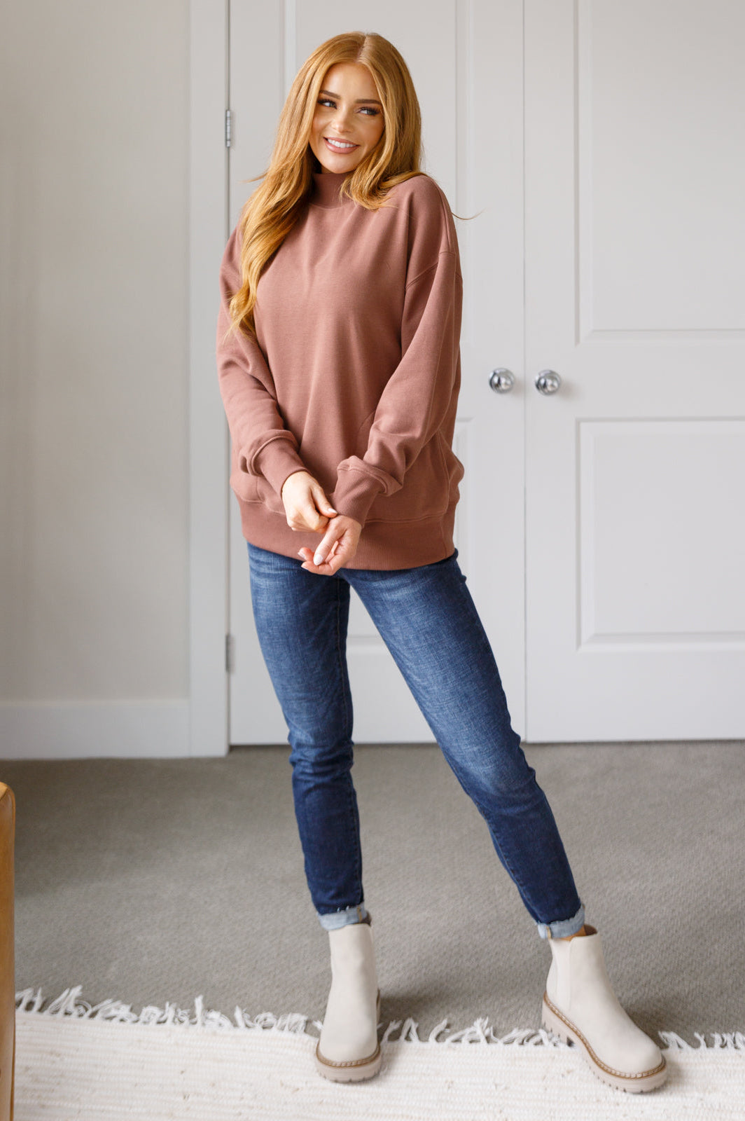 Make No Mistake Mock Neck Pullover in Cocoa-Tops-Stay Foxy Boutique, Florissant, Missouri