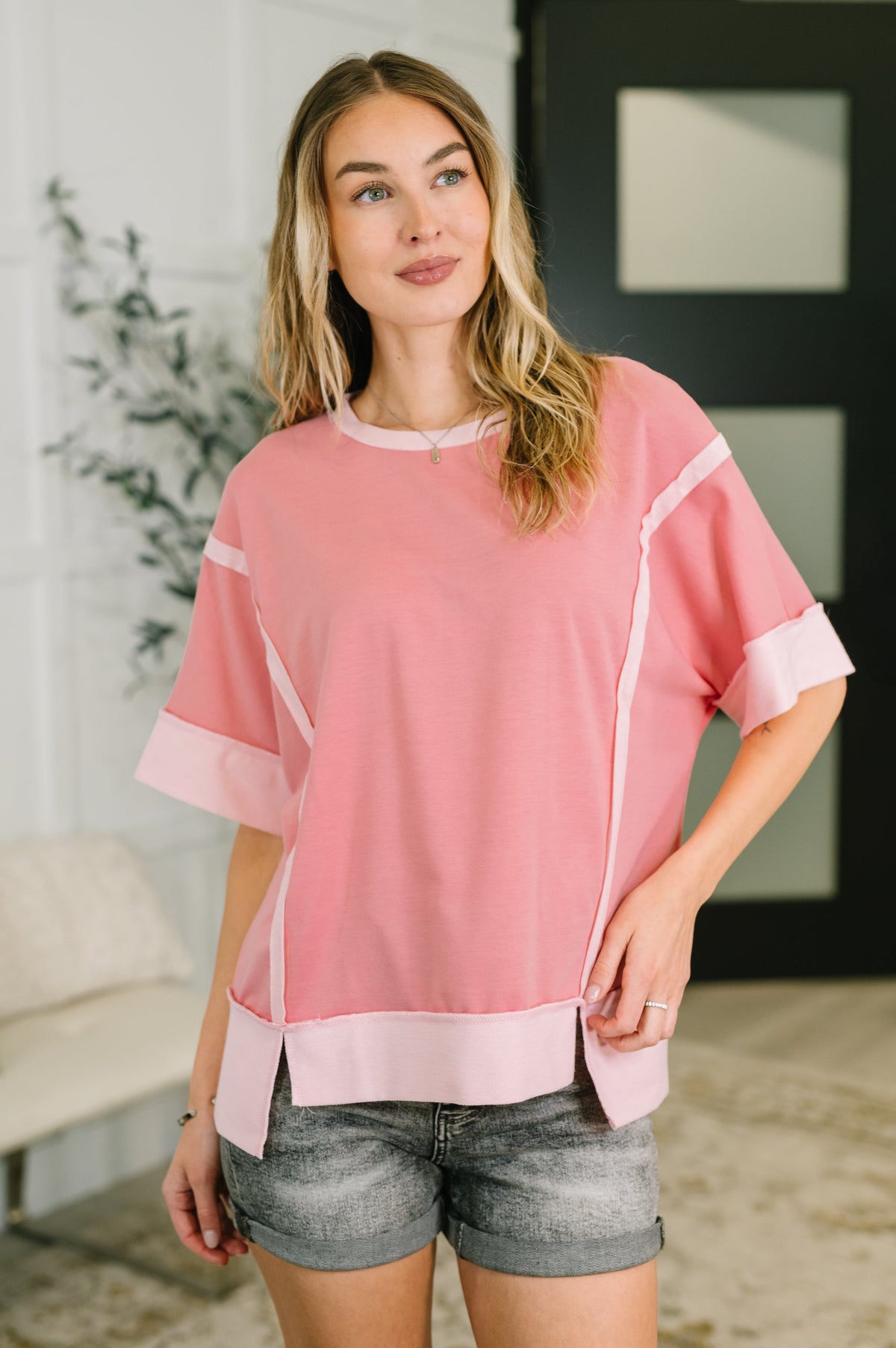 Like Two Old Friends Exposed Seam Top in Pink-Womens-Stay Foxy Boutique, Florissant, Missouri