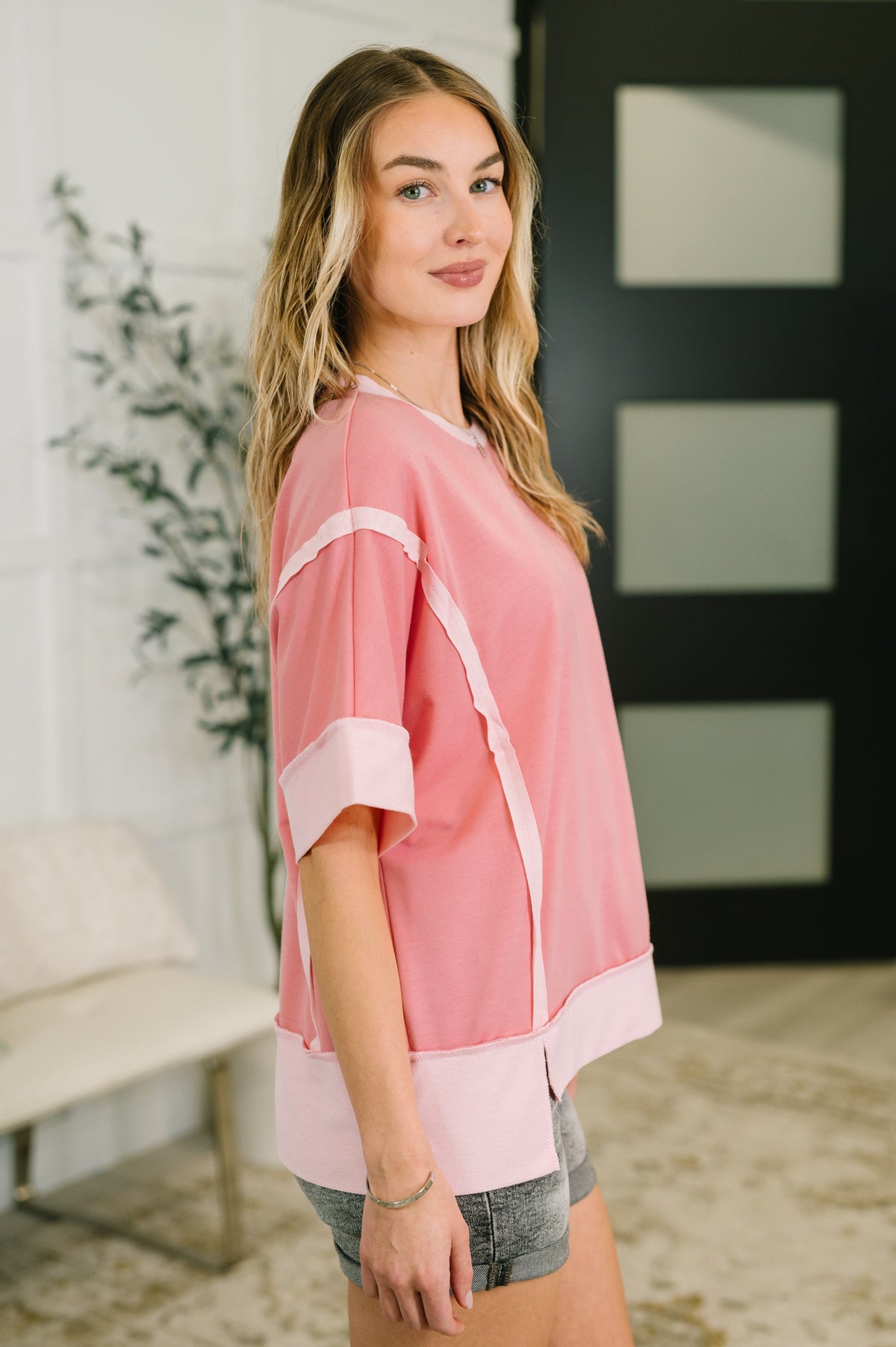 Like Two Old Friends Exposed Seam Top in Pink-Womens-Stay Foxy Boutique, Florissant, Missouri