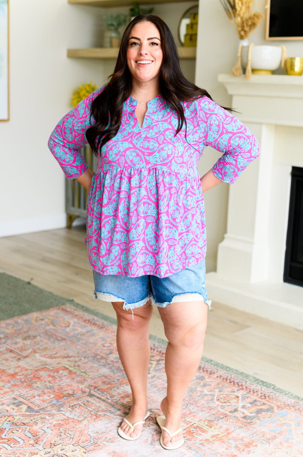 Lizzy Babydoll Top in Emerald and Pink Paisley-Tops-Stay Foxy Boutique, Florissant, Missouri