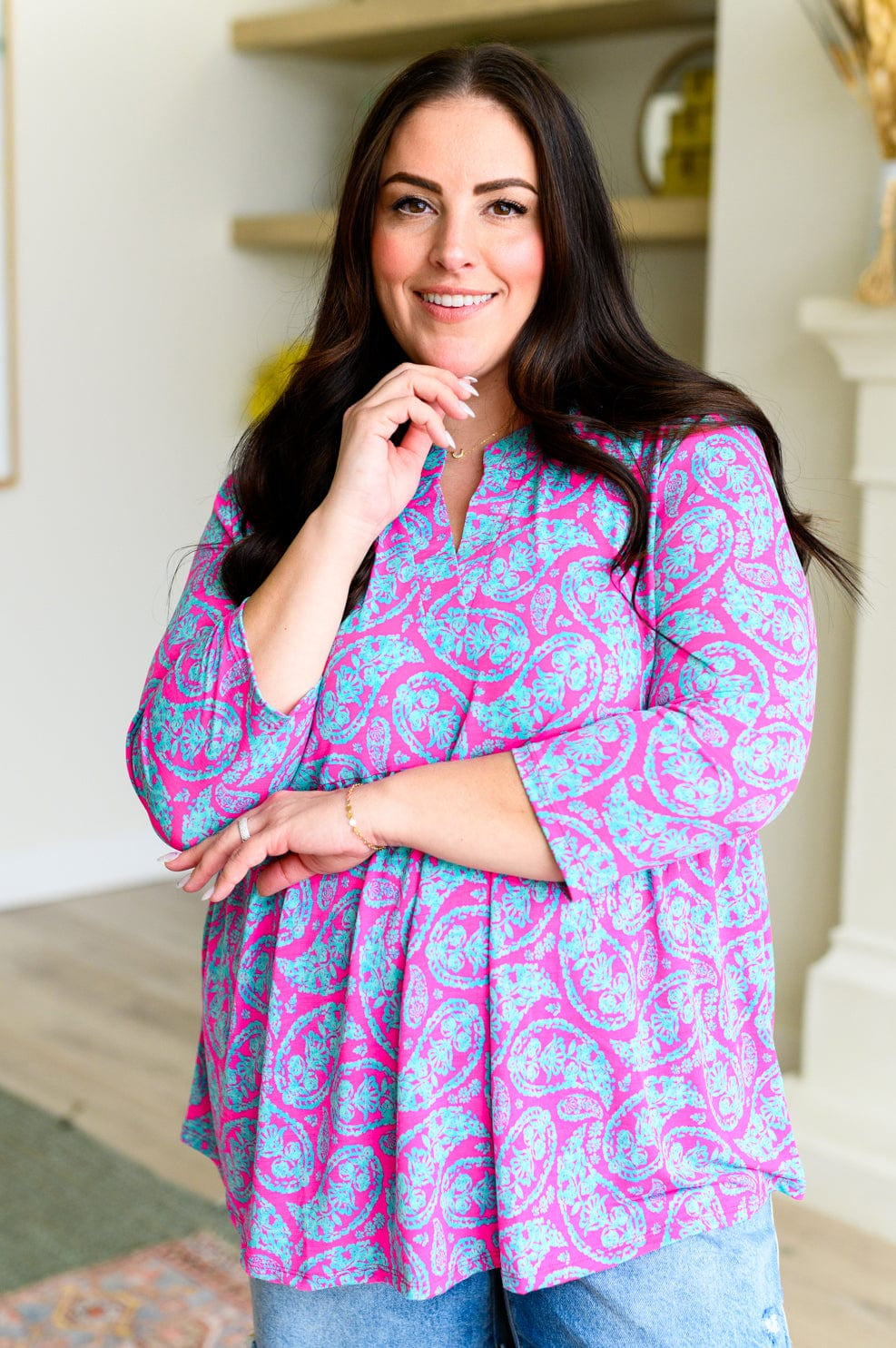 Lizzy Babydoll Top in Emerald and Pink Paisley-Tops-Stay Foxy Boutique, Florissant, Missouri