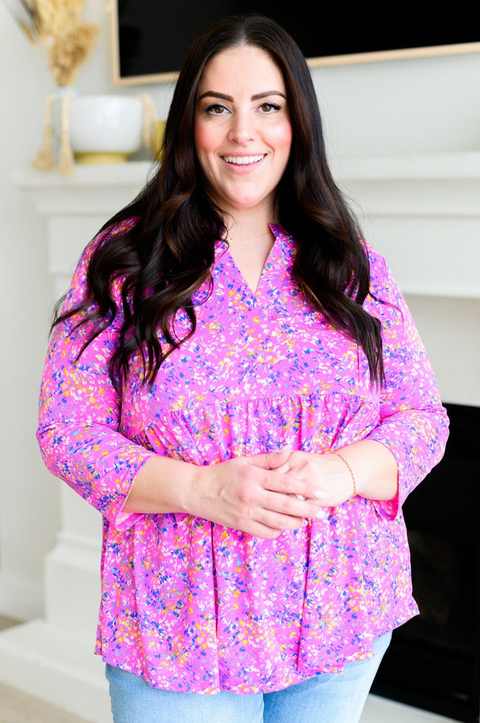 Lizzy Babydoll Top in Magenta Brushstrokes-Tops-Stay Foxy Boutique, Florissant, Missouri