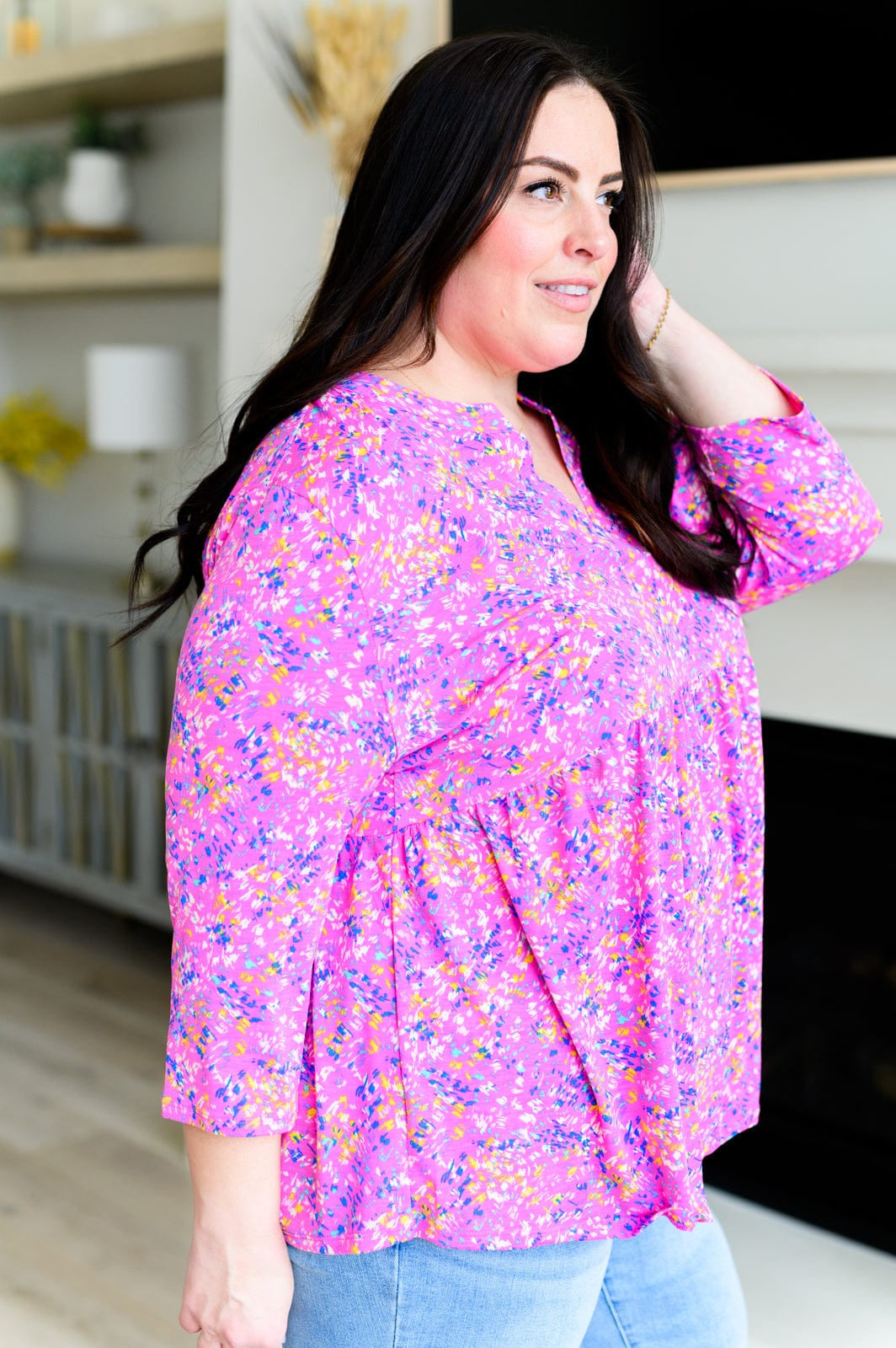 Lizzy Babydoll Top in Magenta Brushstrokes-Tops-Stay Foxy Boutique, Florissant, Missouri