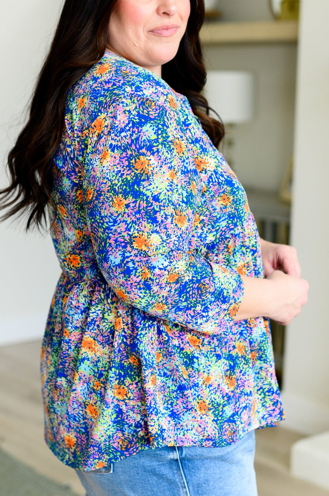 Lizzy Babydoll Top in Royal Multi Fireworks-Tops-Stay Foxy Boutique, Florissant, Missouri