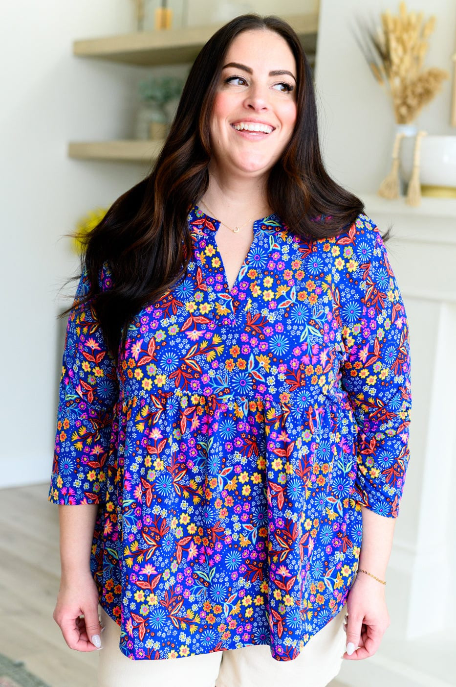 Lizzy Babydoll Top in Royal Retro Floral-Tops-Stay Foxy Boutique, Florissant, Missouri