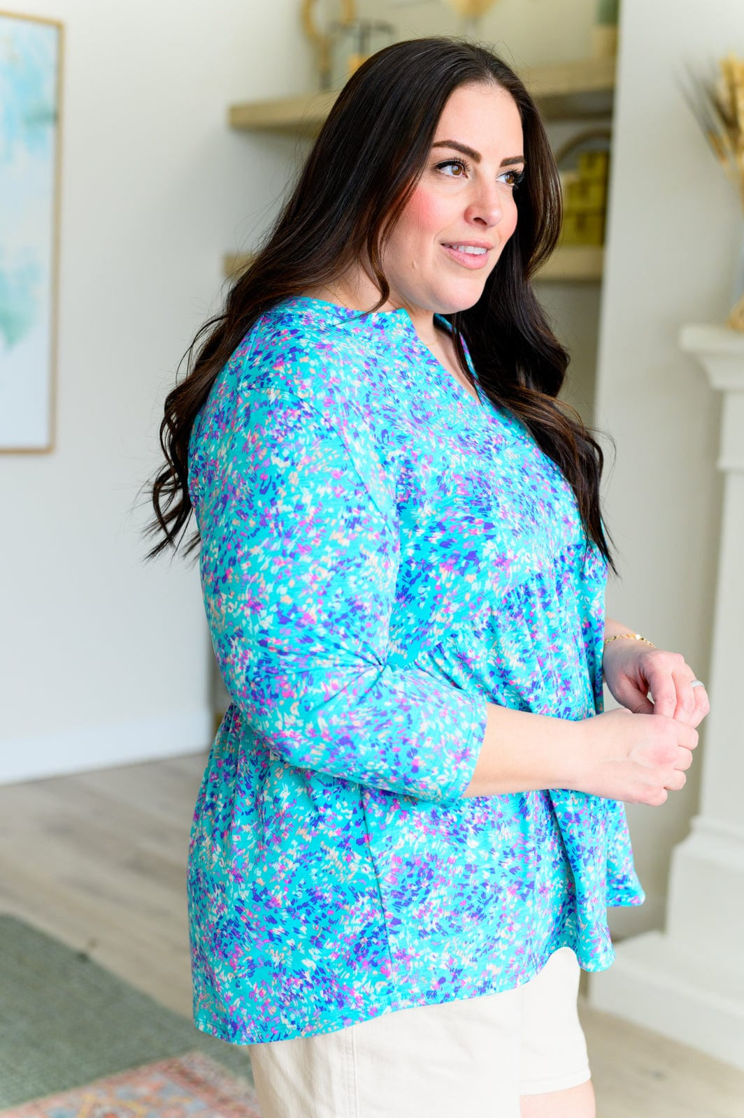 Lizzy Babydoll Top in Teal Brushstrokes-Tops-Stay Foxy Boutique, Florissant, Missouri