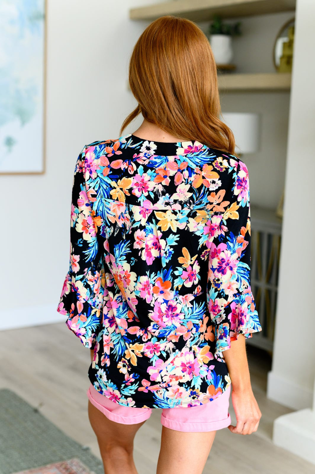 Lizzy Bell Sleeve Top Black and Teal Tropical Floral-Tops-Stay Foxy Boutique, Florissant, Missouri
