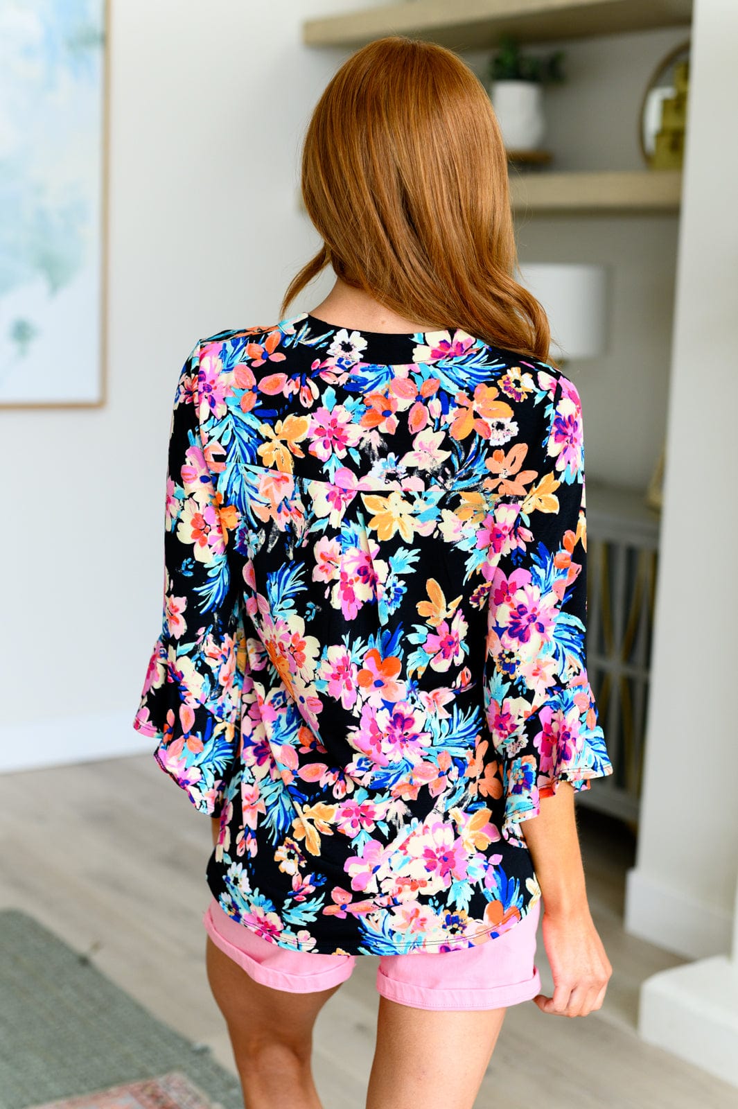 Lizzy Bell Sleeve Top Black and Teal Tropical Floral-Tops-Stay Foxy Boutique, Florissant, Missouri
