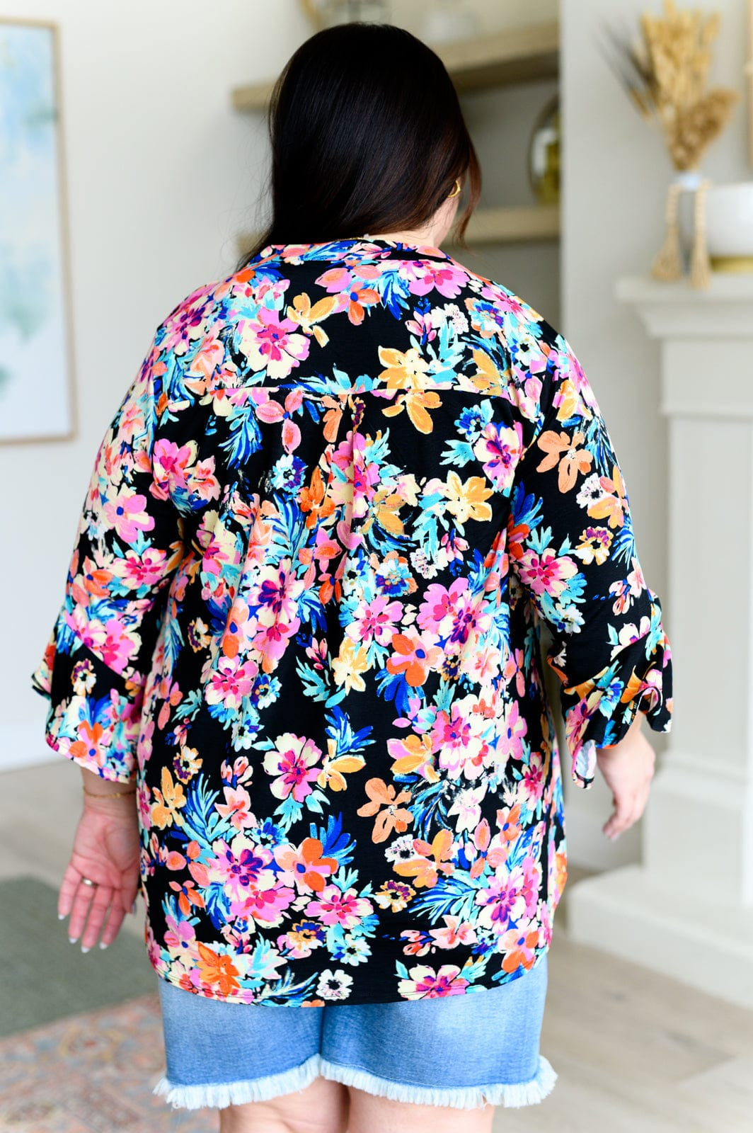 Lizzy Bell Sleeve Top Black and Teal Tropical Floral-Tops-Stay Foxy Boutique, Florissant, Missouri