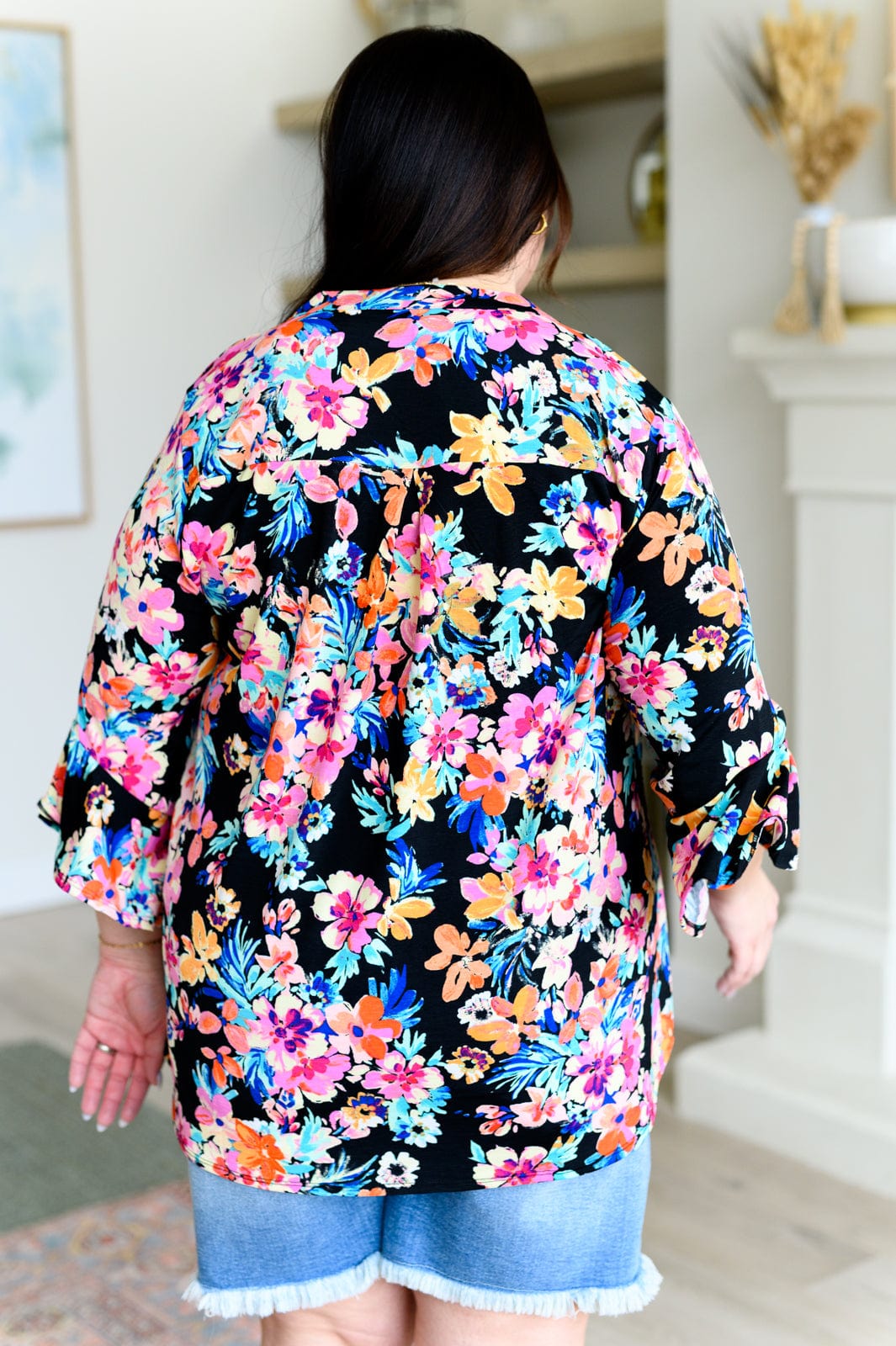 Lizzy Bell Sleeve Top Black and Teal Tropical Floral-Tops-Stay Foxy Boutique, Florissant, Missouri